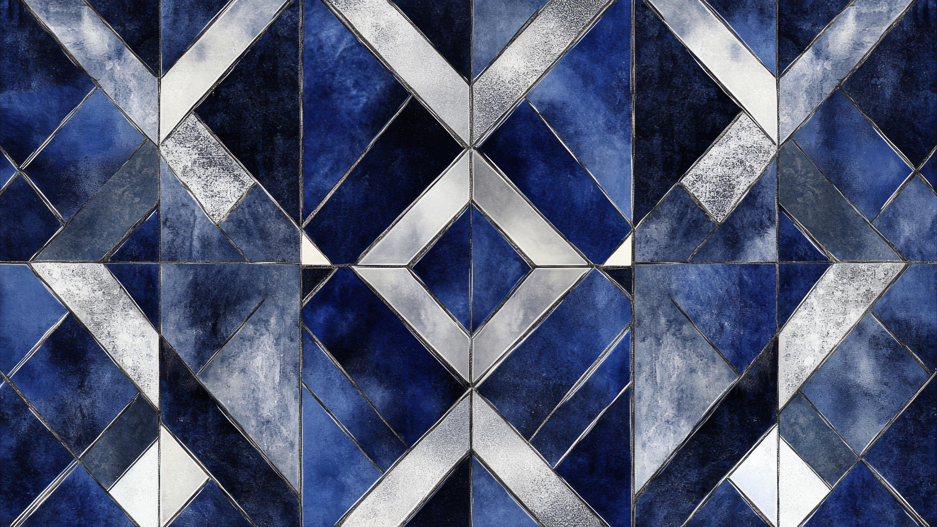 royal blue wallpaper with geometric tiles and silver accents