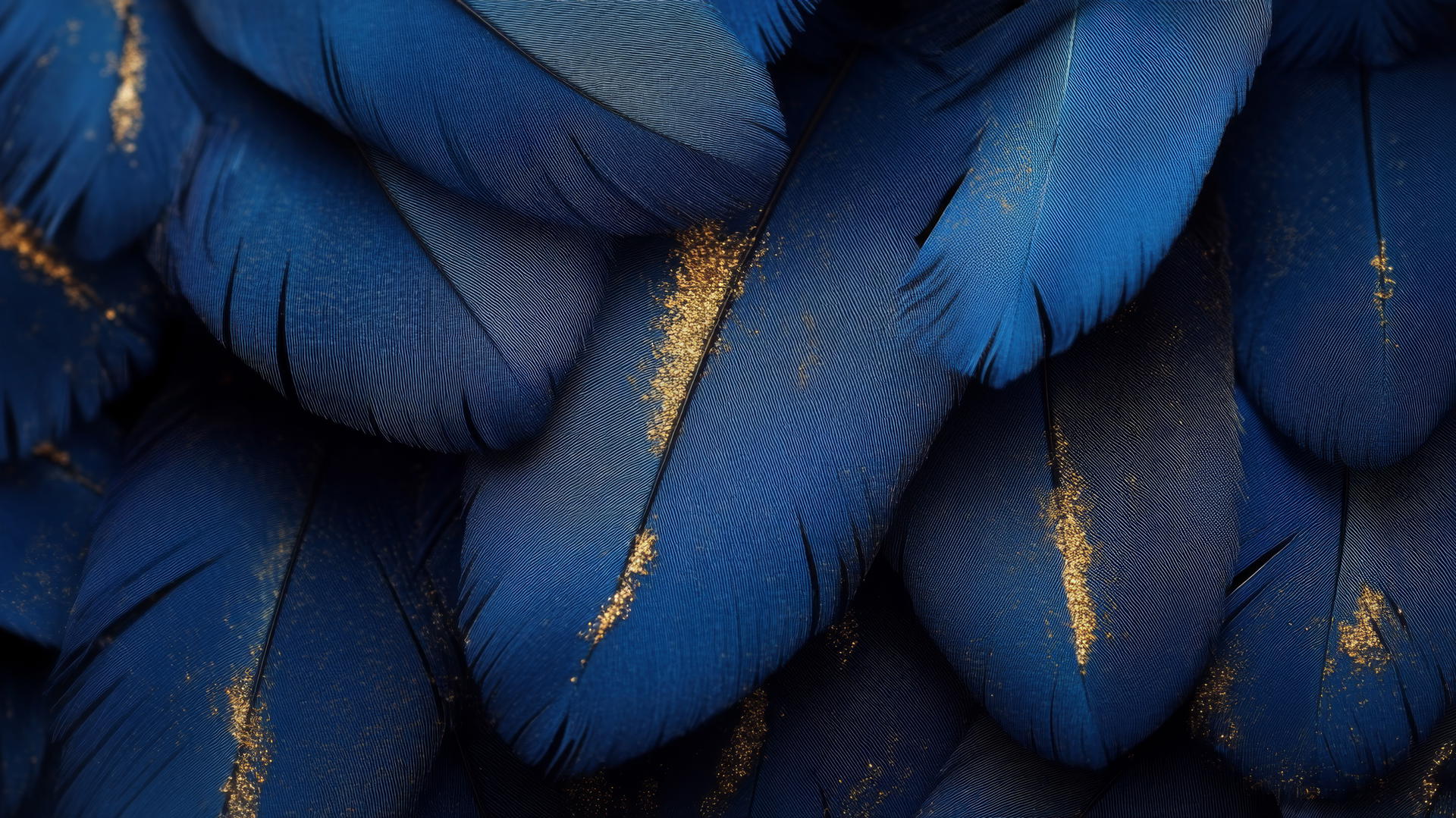 royal blue wallpaper with elegant blue feathers and fine gold dust