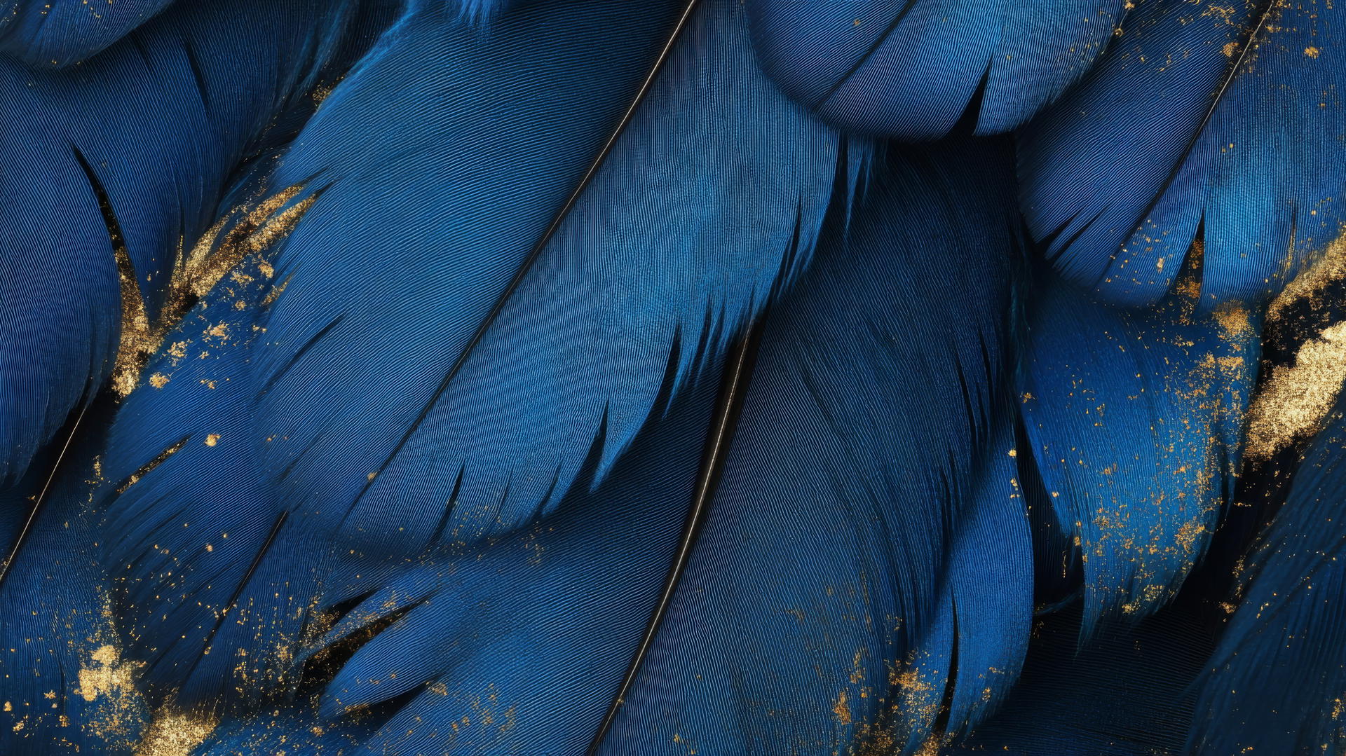 Royal blue wallpaper with elegant blue feathers and fine gold dust accents