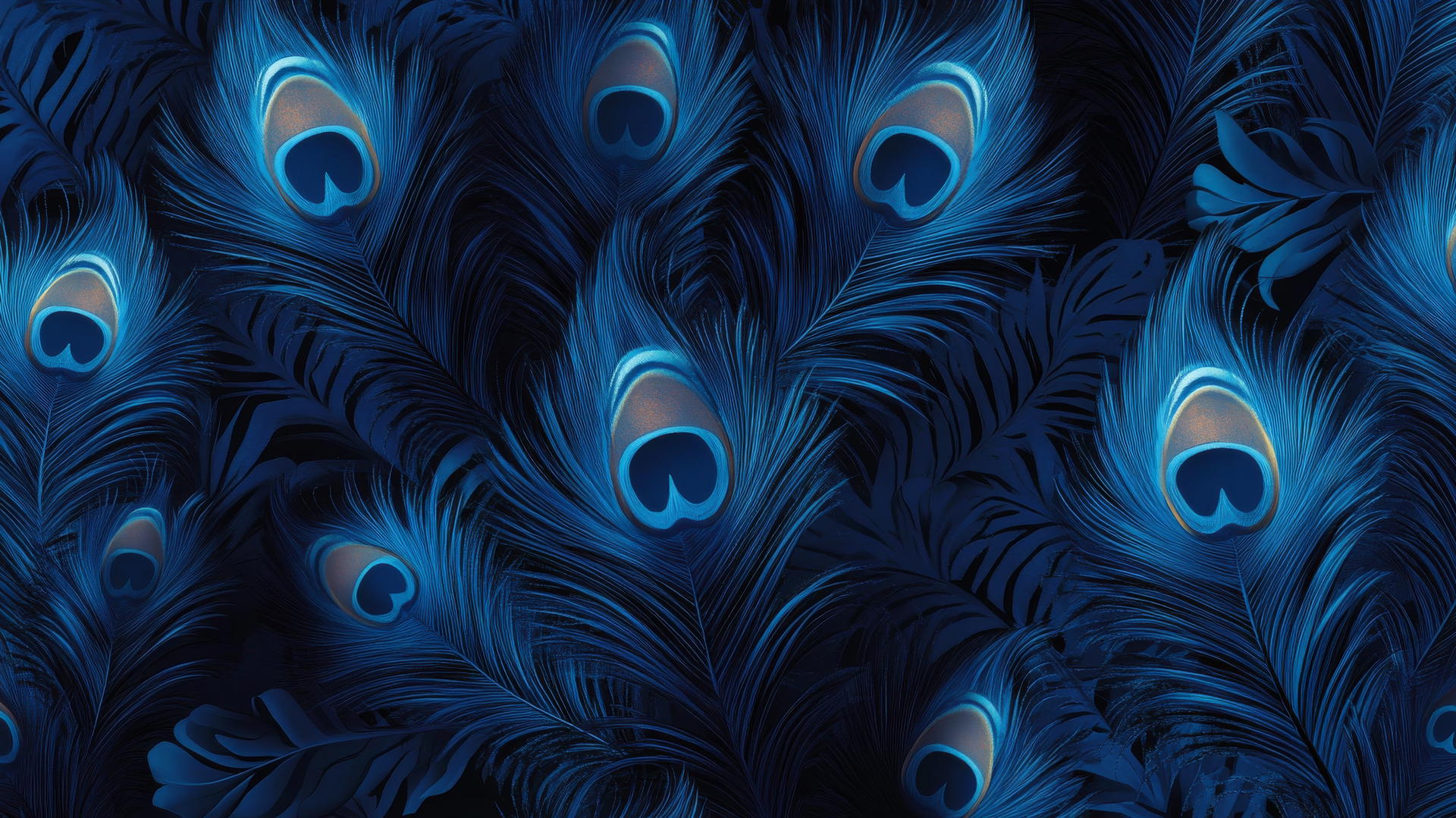 Royal blue wallpaper featuring peacock feathers with iridescent highlights