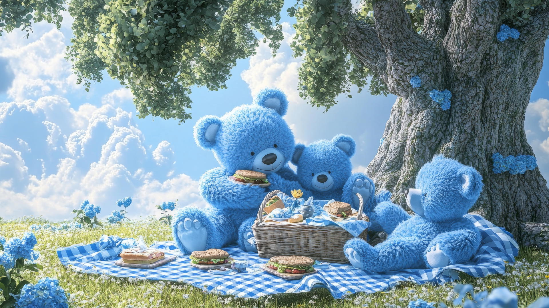 cute blue wallpaper of fluffy teddy bears having a picnic under a tree