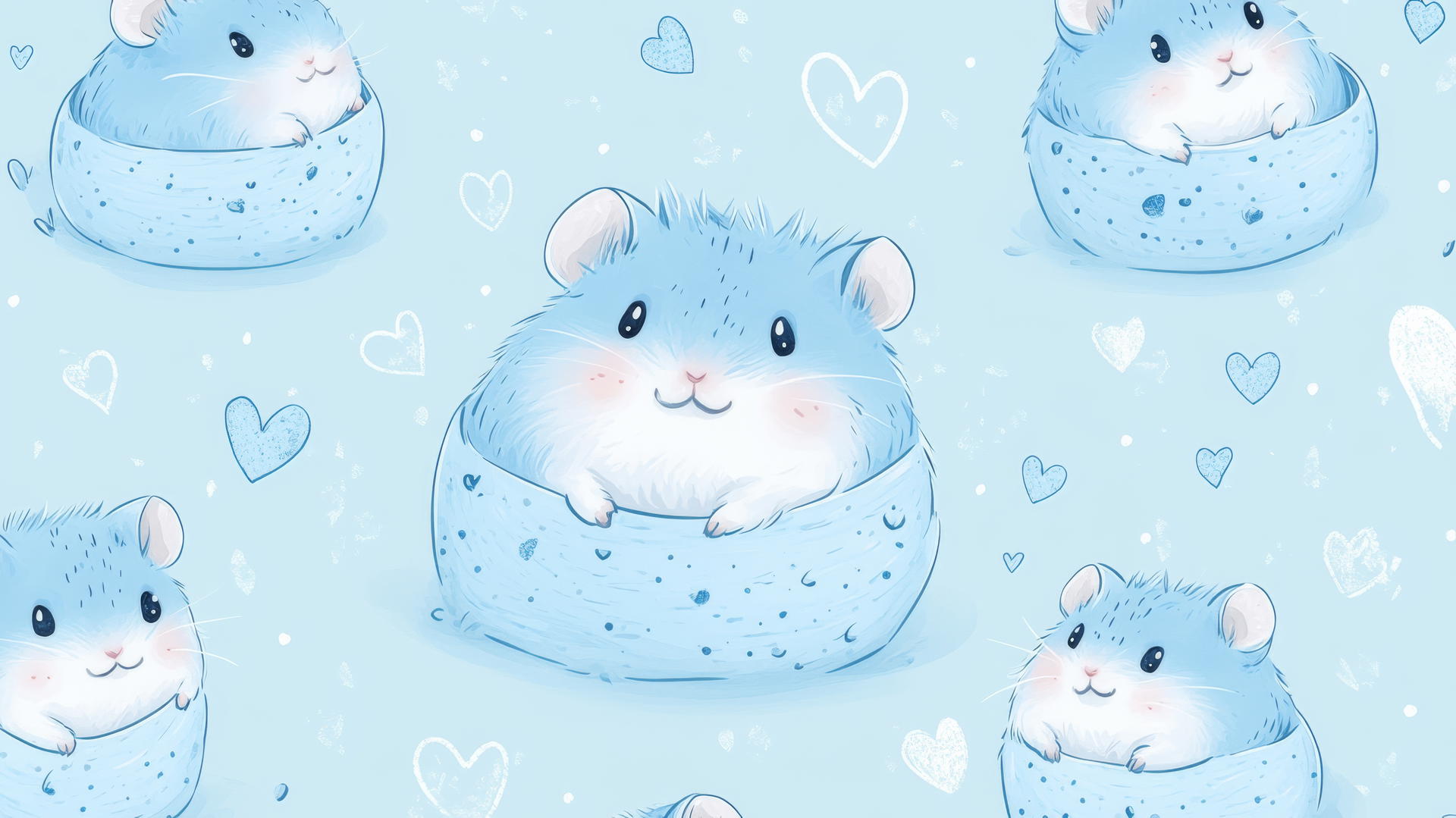cute blue wallpaper of hamsters peeking from hideaways with small hearts and doodles