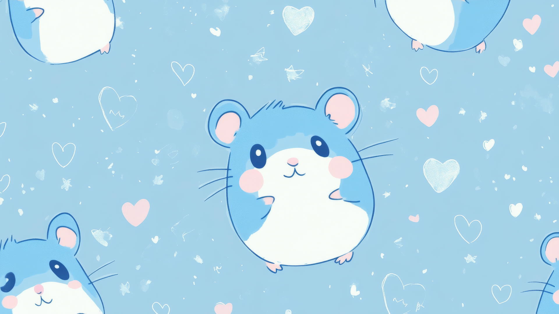 Cute blue wallpaper with hamsters and pastel hearts