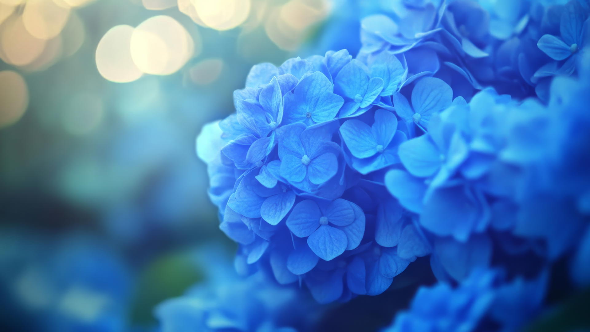 Close-up of glowing blue hydrangea flowers in a tranquil garden backdrop