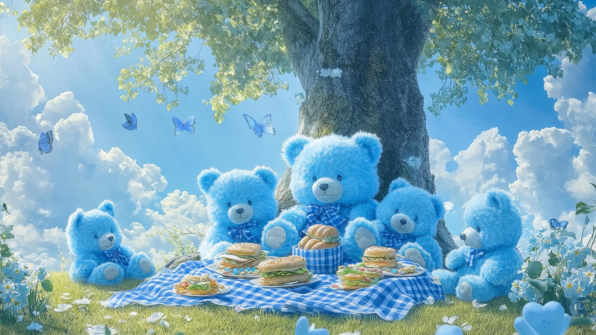 cute blue wallpaper with fluffy teddy bears having a picnic