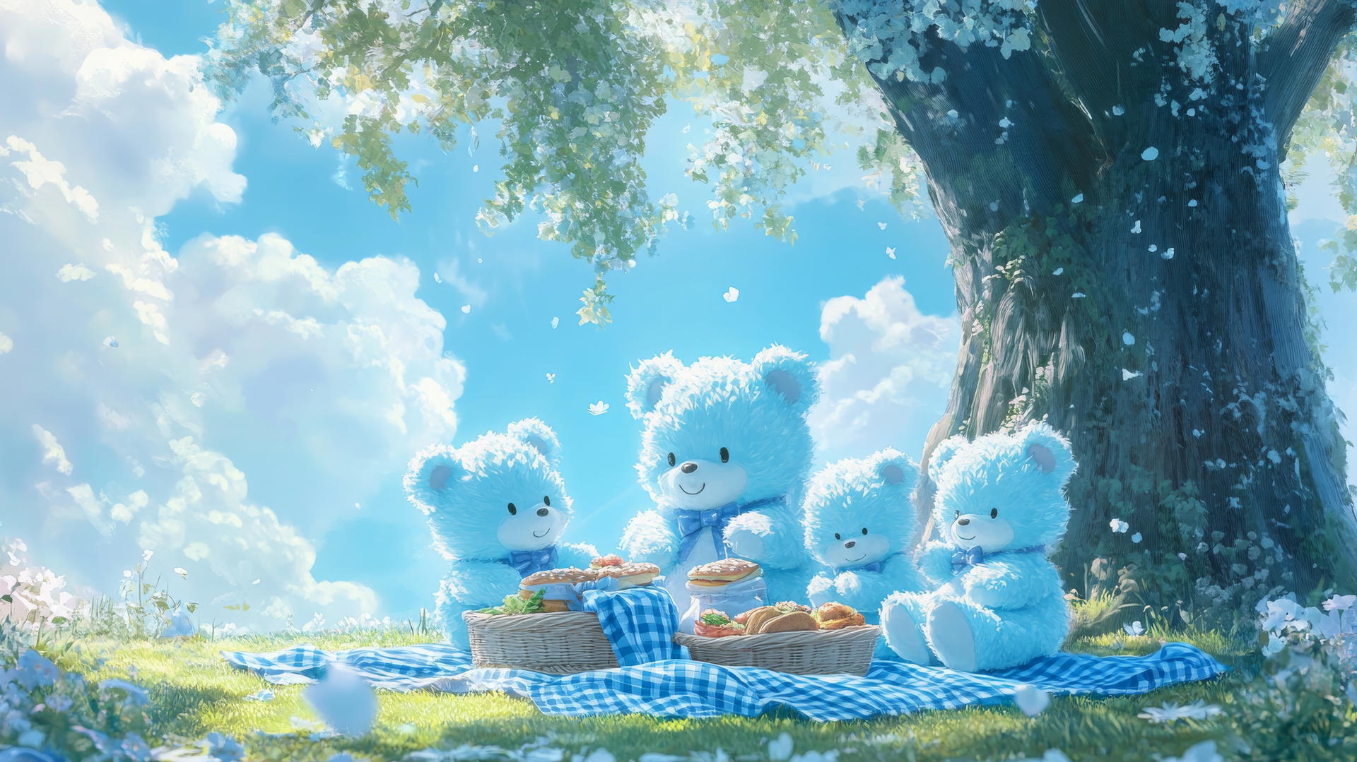 cute blue wallpaper featuring fluffy teddy bears having a picnic
