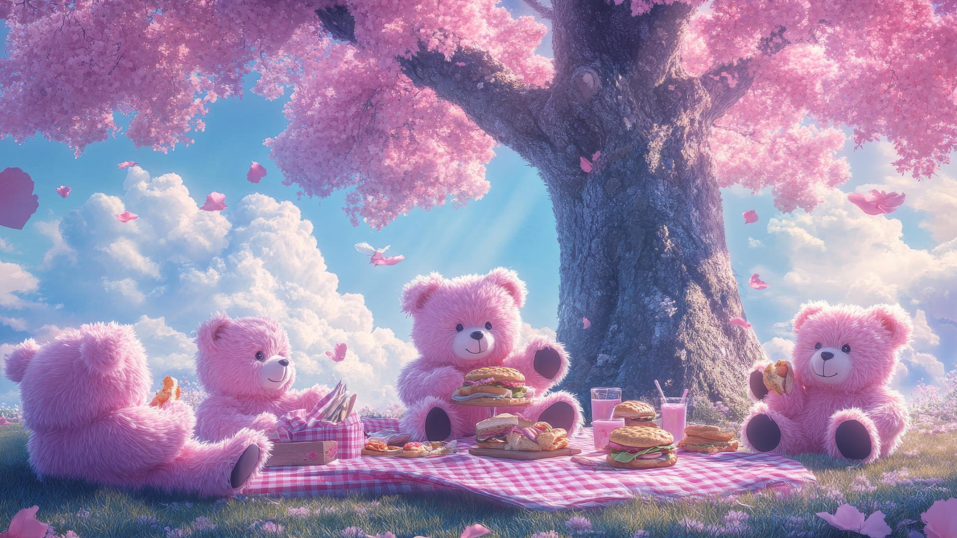 Cute pink wallpaper with fluffy teddy bears having a picnic under a tree