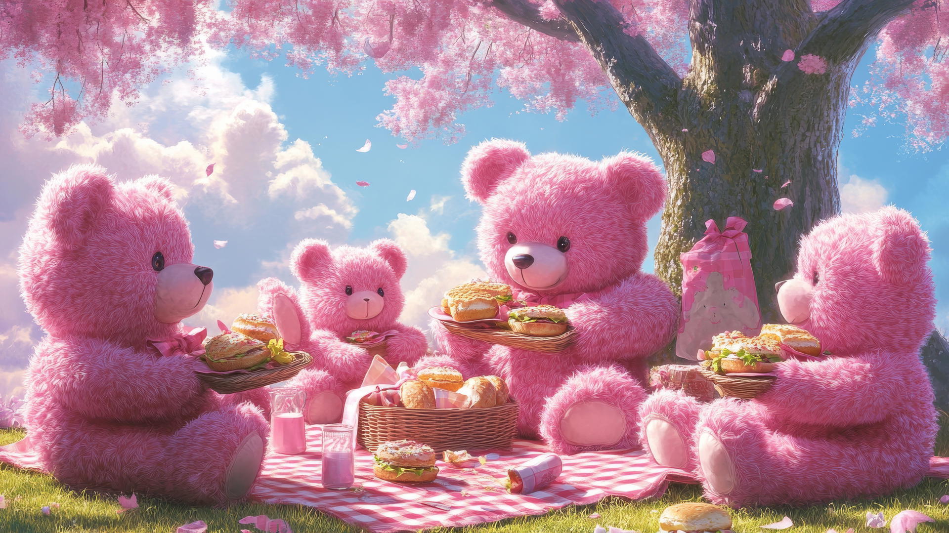 cute pink wallpaper with fluffy teddy bears having a picnic