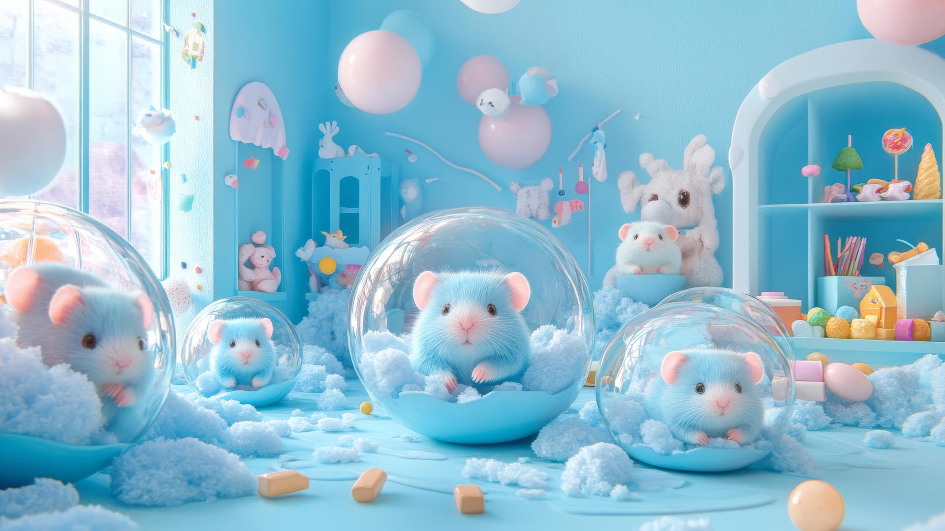 cute blue wallpaper with adorable hamsters in hamster balls in a pastel playroom