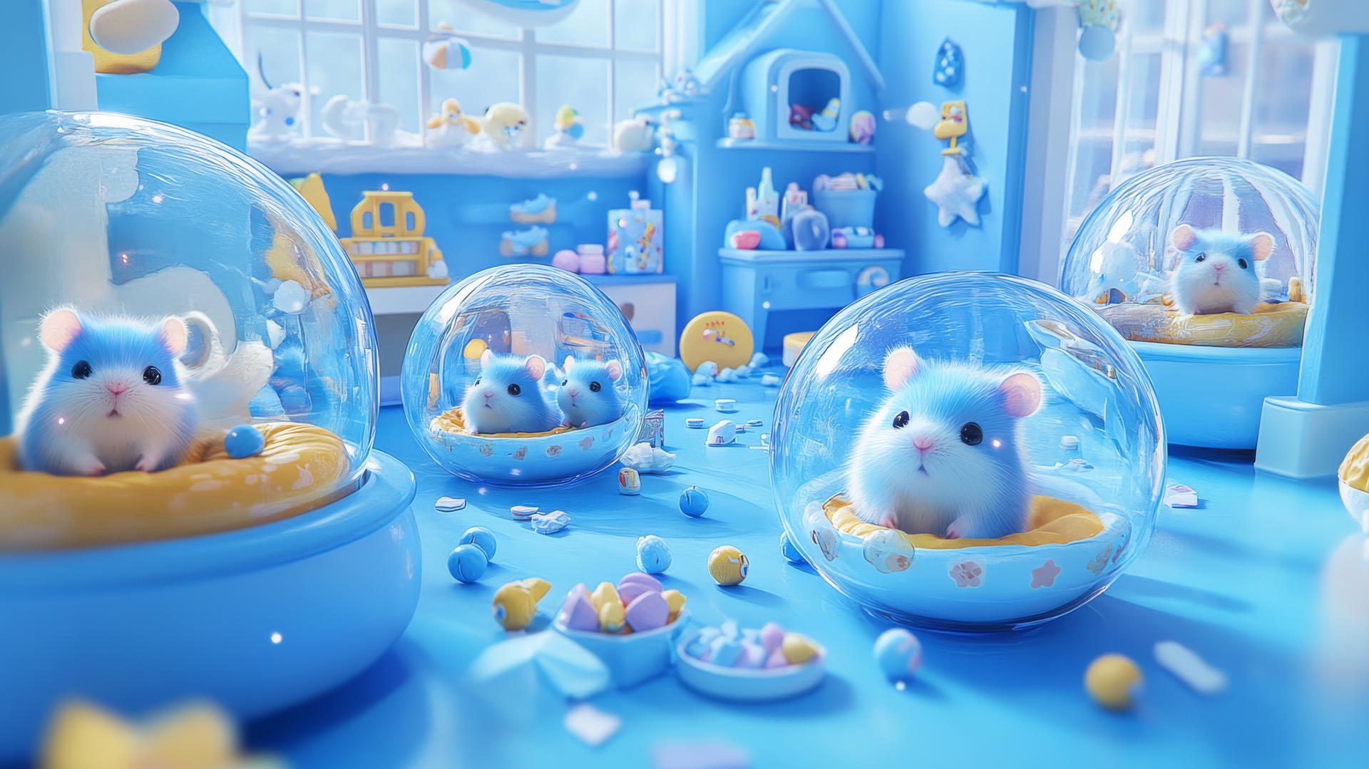 Cute blue wallpaper featuring adorable blue hamsters in transparent balls in a pastel blue playroom.