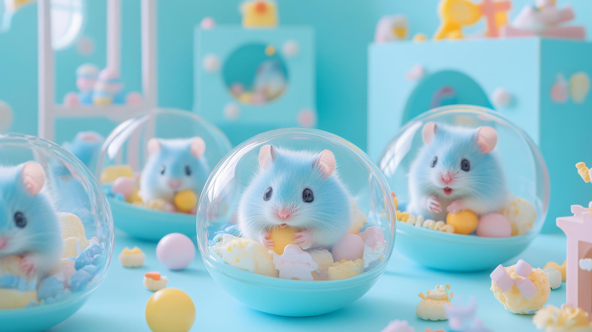 cute blue wallpaper with adorable hamsters in transparent balls in a pastel blue playroom