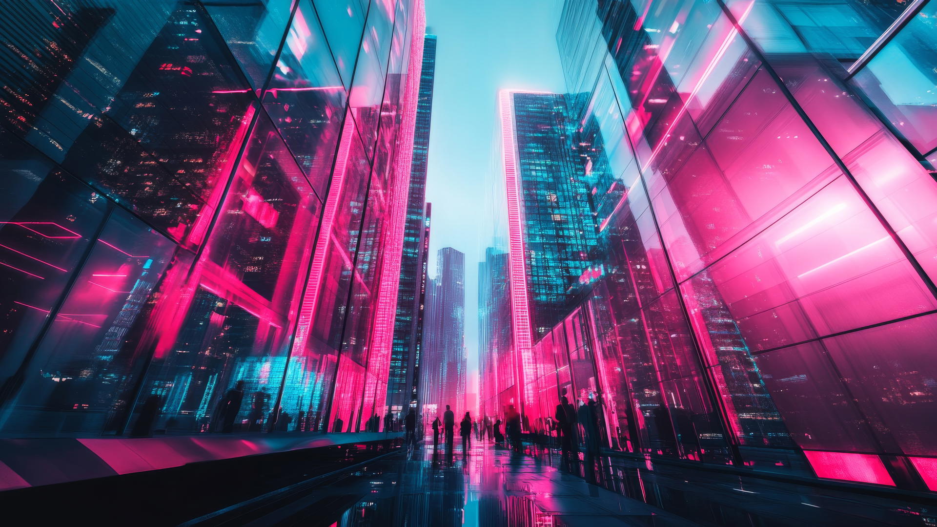 modern cityscape with pink and blue neon lights