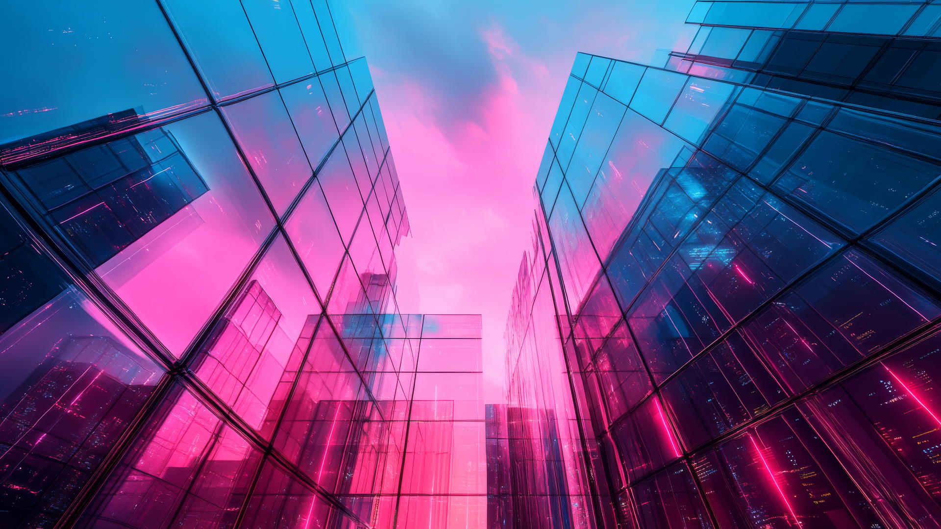 pink and blue wallpaper with neon lights on modern cityscape