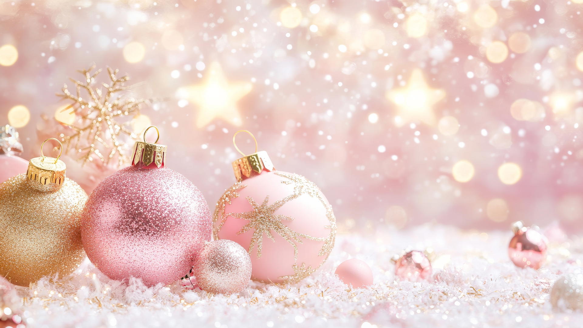 Girly Christmas wallpaper with pink and gold, stars, snowflakes, ornaments.