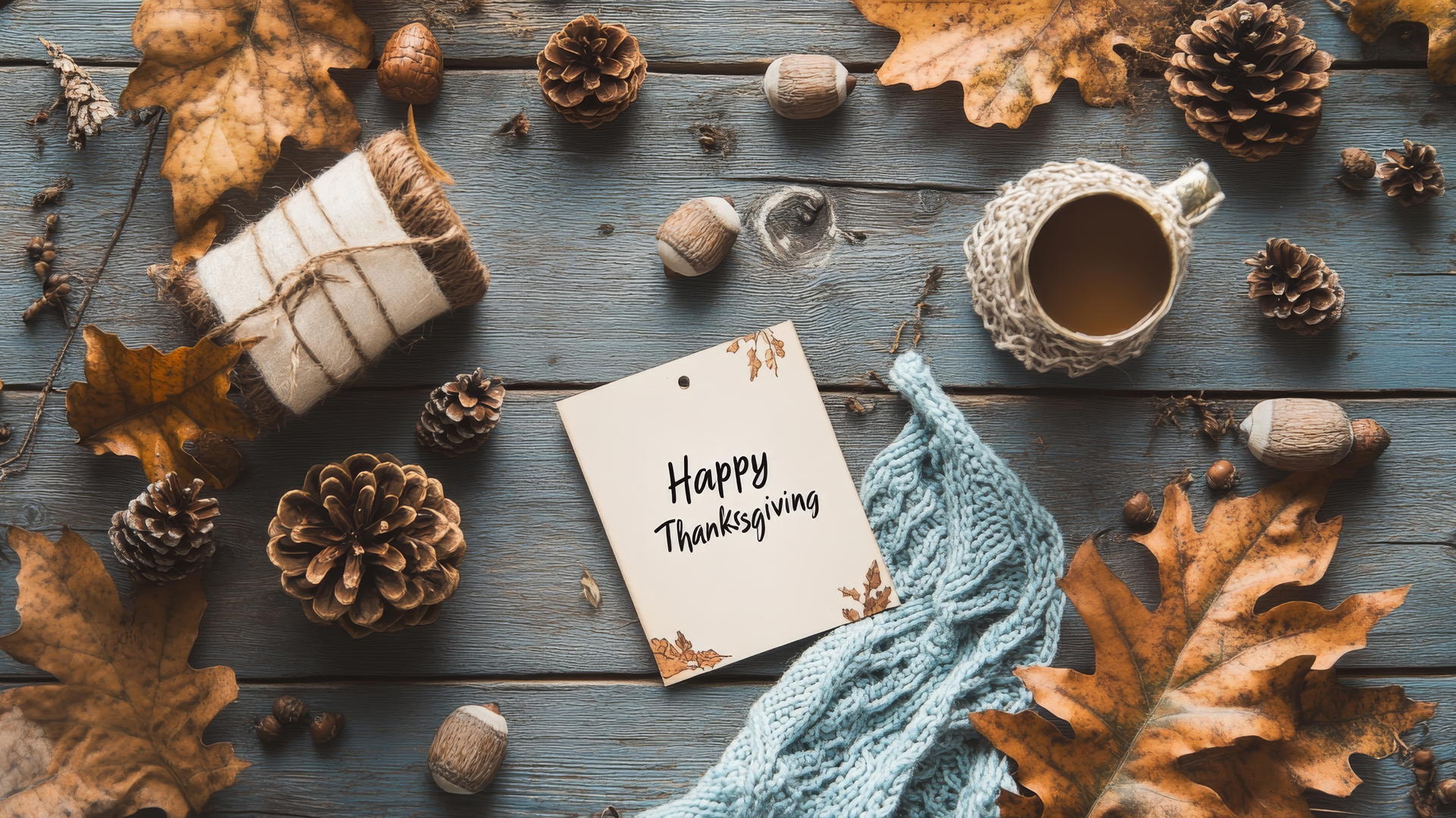 Thanksgiving wallpaper with acorns, pine cones, and Happy Thanksgiving card