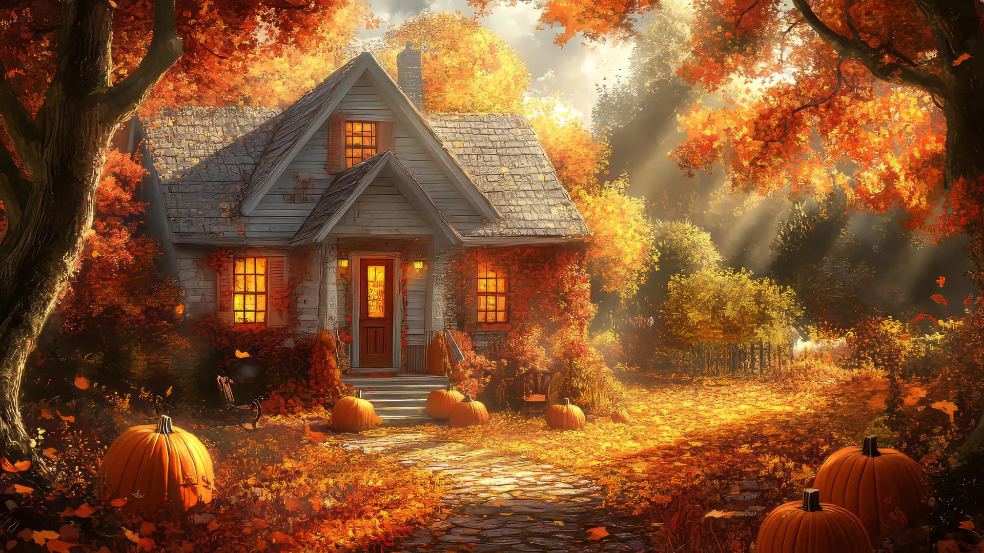 Thanksgiving wallpaper with a farmhouse, fall foliage, pumpkins on porch