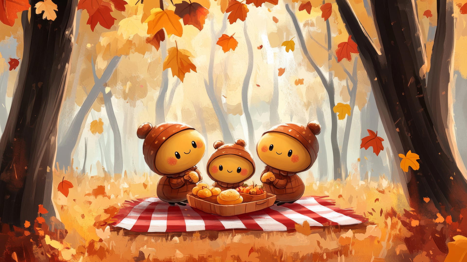 thanksgiving wallpaper cute family of cartoon acorns having a picnic