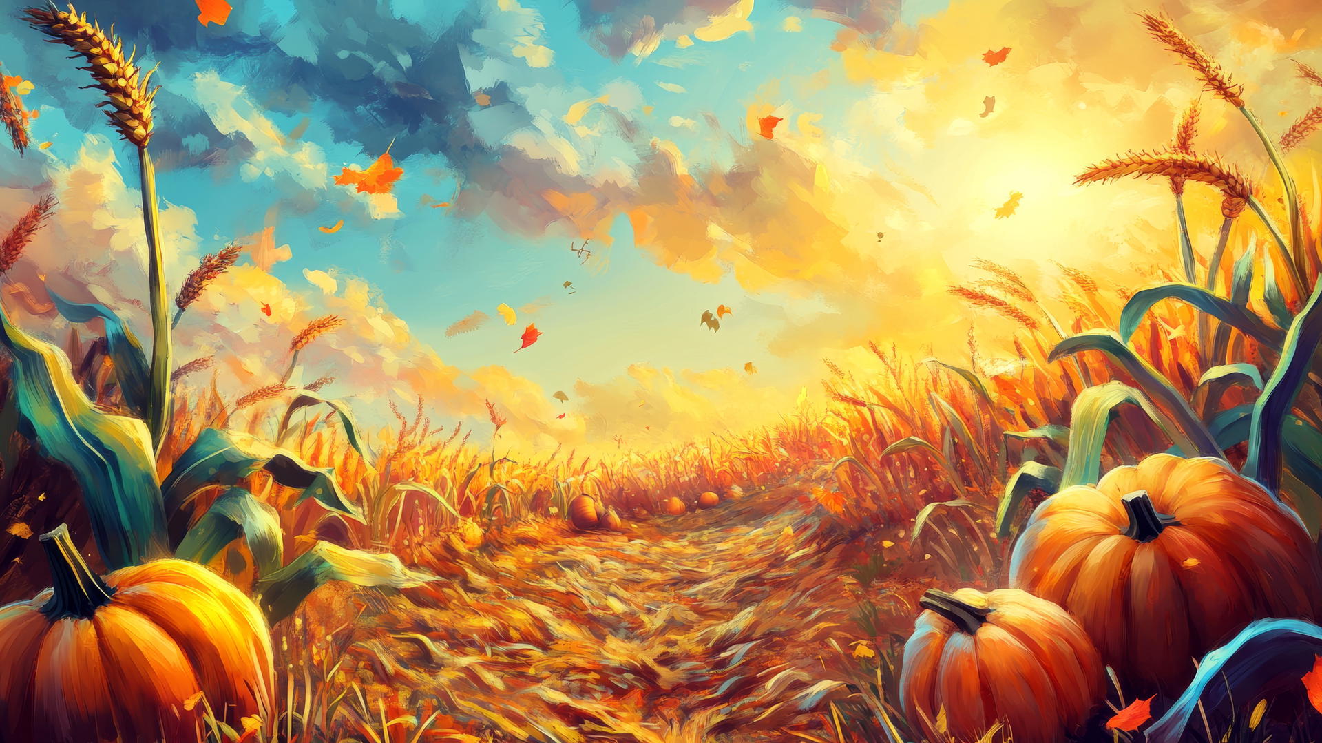 thanksgiving wallpaper cute with cartoon corn stalks and pumpkins dancing under autumn sun
