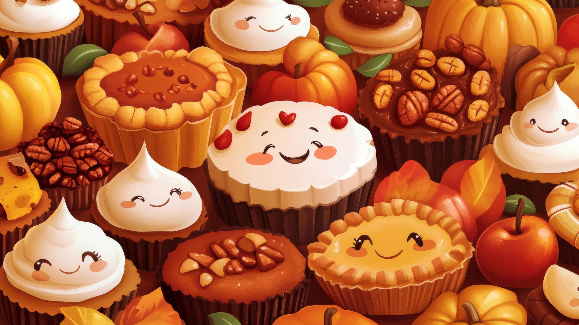 thanksgiving wallpaper cute with playful desserts like pumpkin pie, pecan pie, and apple tart