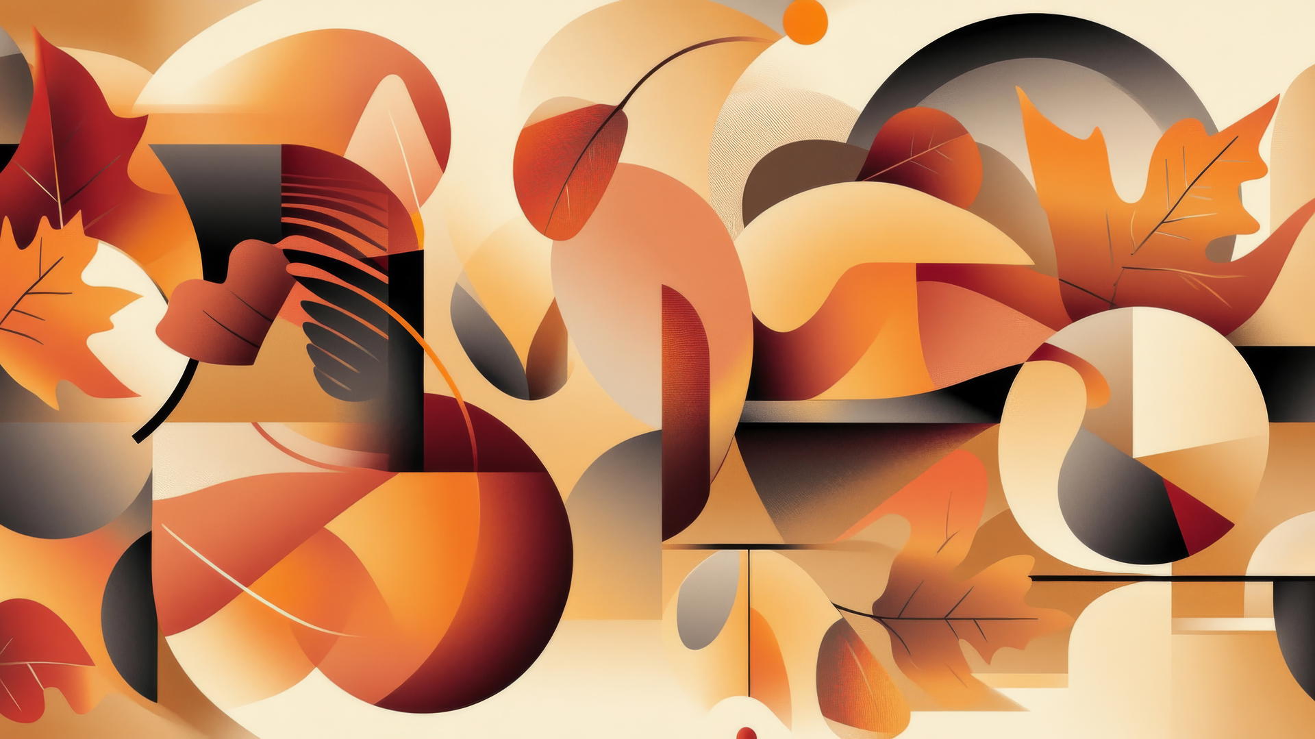 Thanksgiving wallpaper aesthetic with geometric shapes of pumpkins, turkeys, and fall leaves in earthy tones