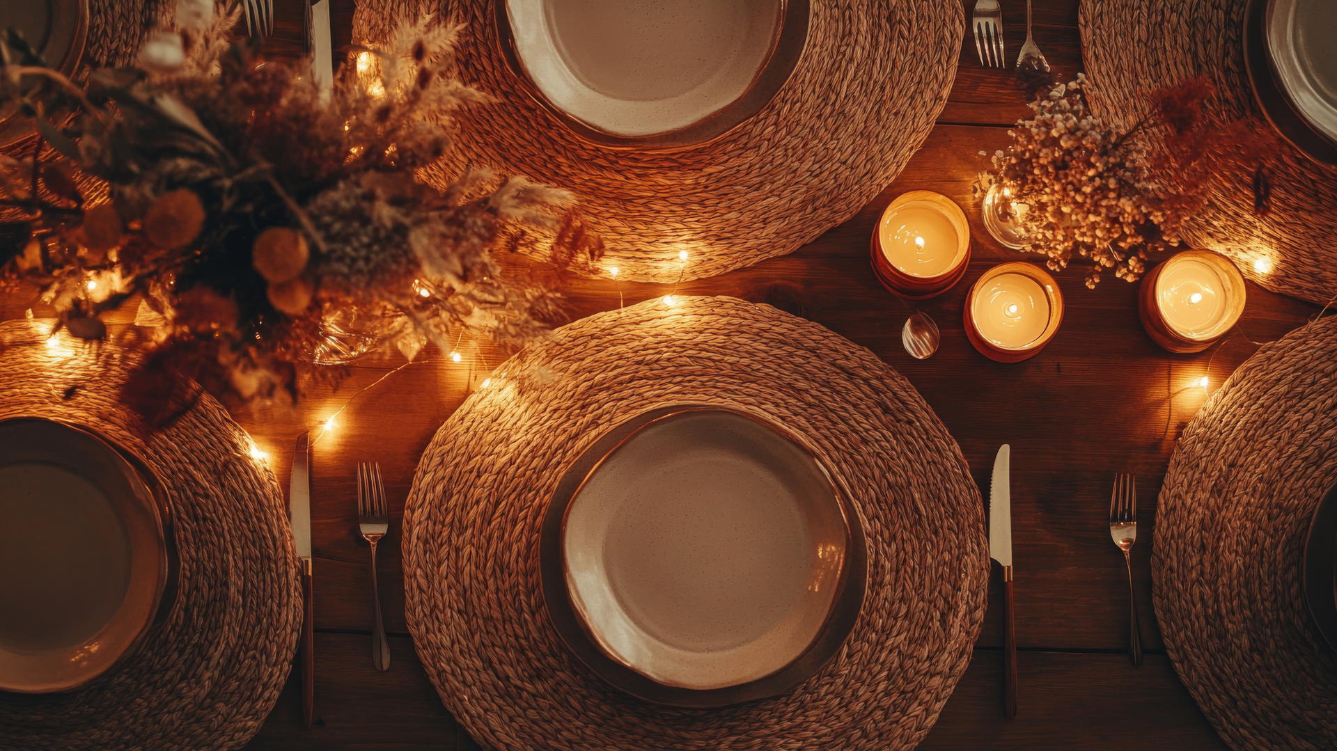 Aesthetic thanksgiving wallpaper with boho-inspired decor, dried flowers, woven placemats, and ceramic plates in neutral tones.