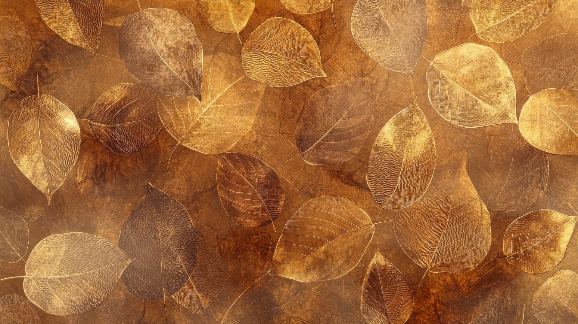 Aesthetic thanksgiving wallpaper with overlapping, transparent leaves in gold and bronze