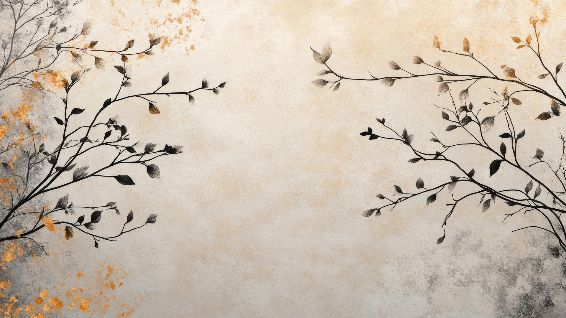 Thanksgiving aesthetic wallpaper with monochrome ink autumn branches on textured parchment with gold accents