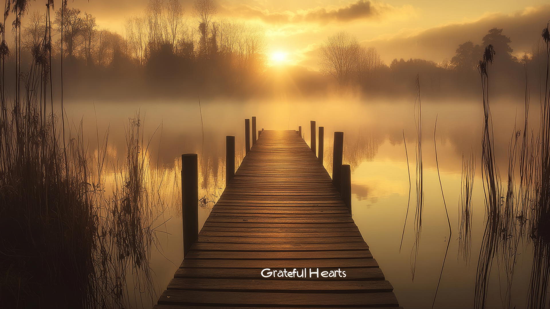 Thanksgiving aesthetic wallpaper with a wooden dock, foggy lake, rising autumn sun, tall reeds, and 'Grateful Hearts' in water reflection
