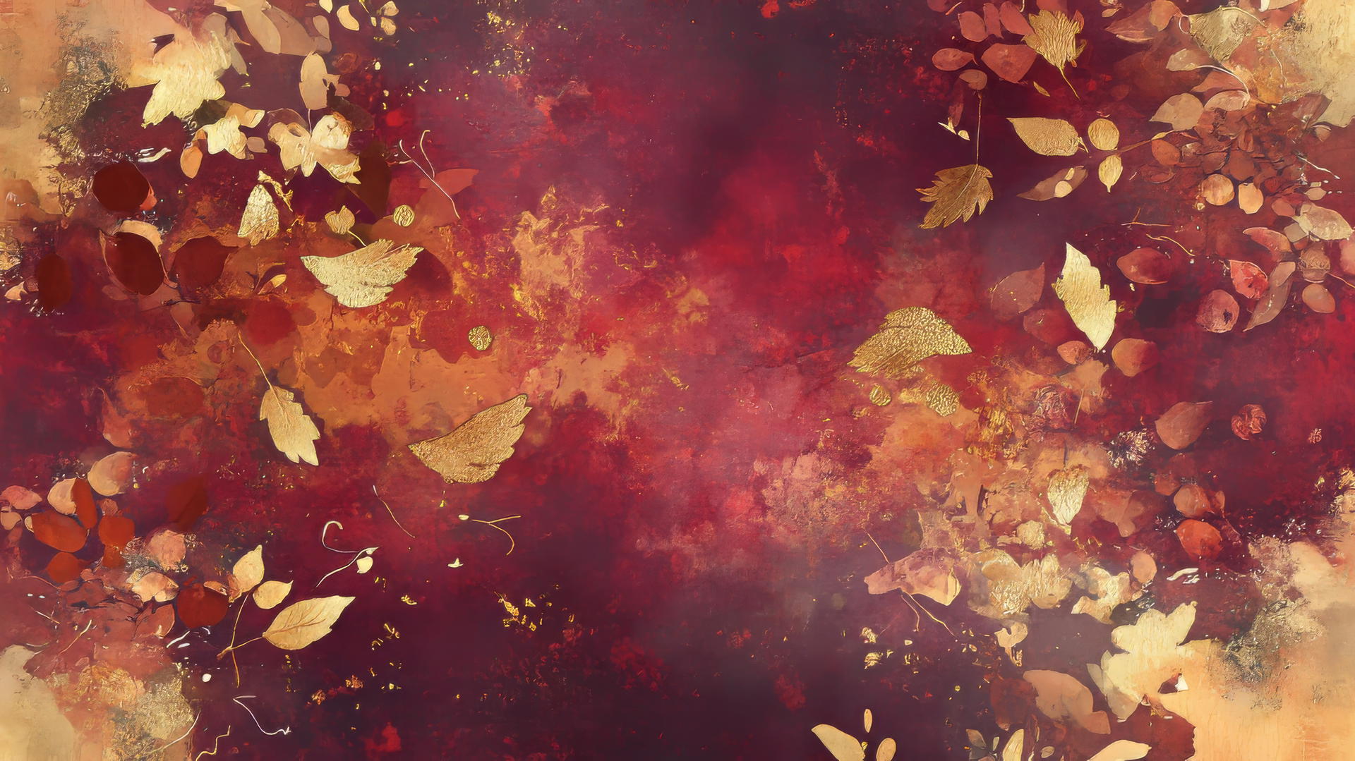 Thanksgiving aesthetic wallpaper with abstract watercolor in burgundy, burnt orange, gold tones, and turkey shapes