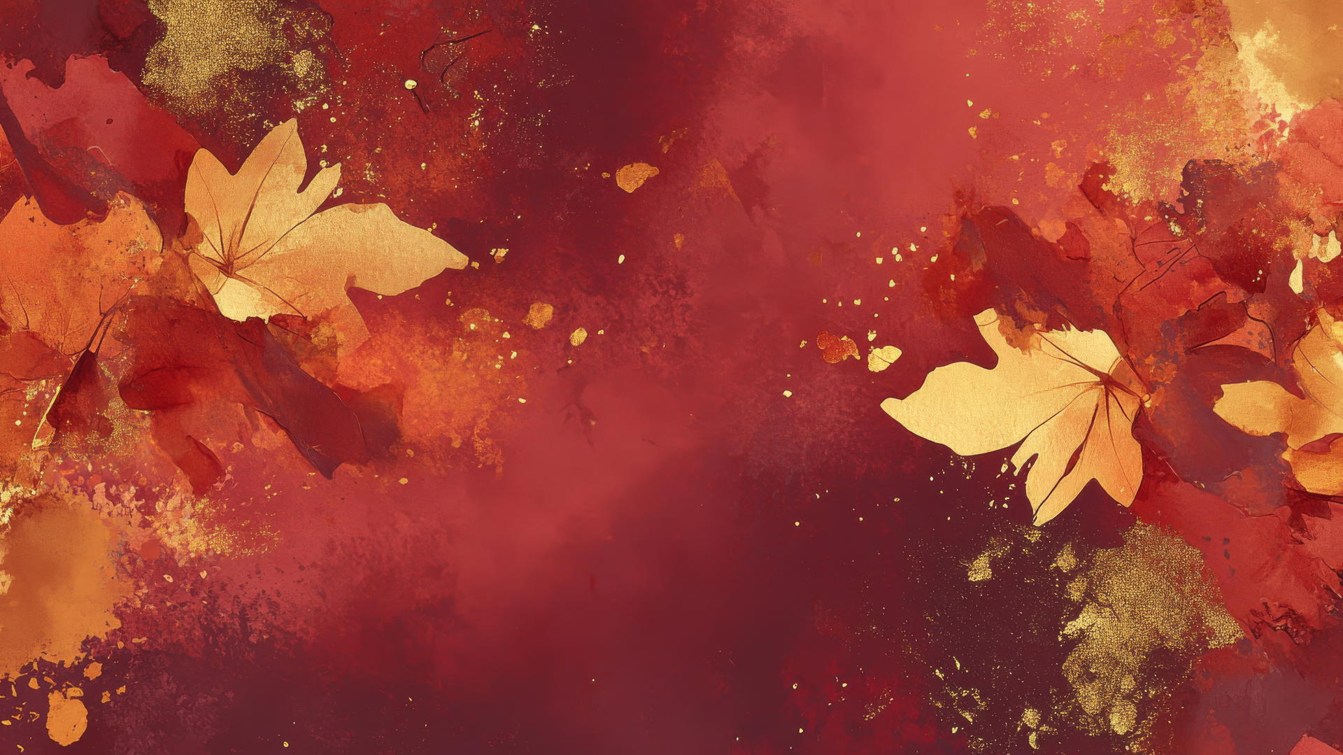 Thanksgiving aesthetic wallpaper with abstract watercolor in burgundy, orange, and gold, featuring turkeys and leaves.