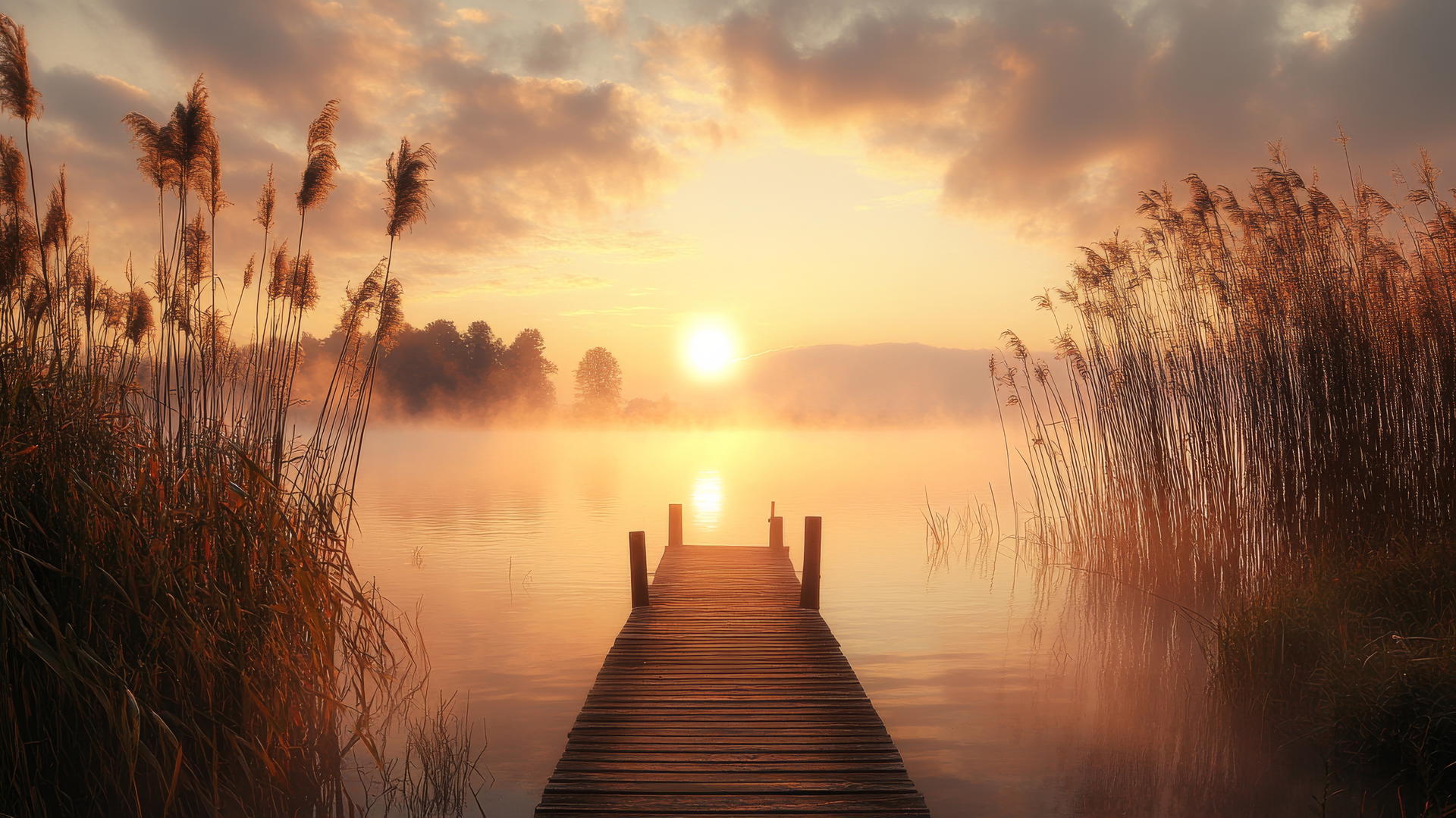 Thanksgiving aesthetic wallpaper, wooden dock in foggy lake, autumn sun