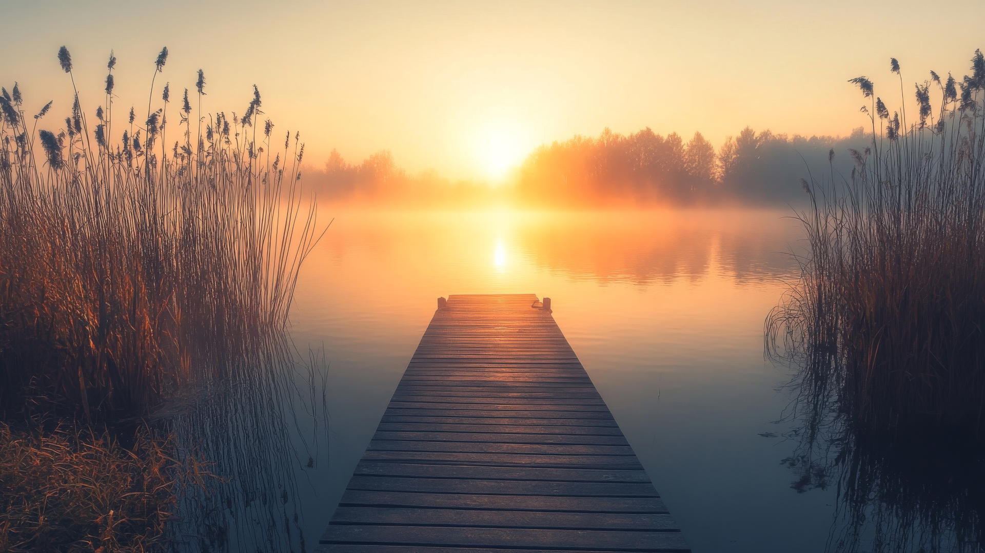 thanksgiving aesthetic wallpaper of a tranquil dock, foggy lake, and autumn sun