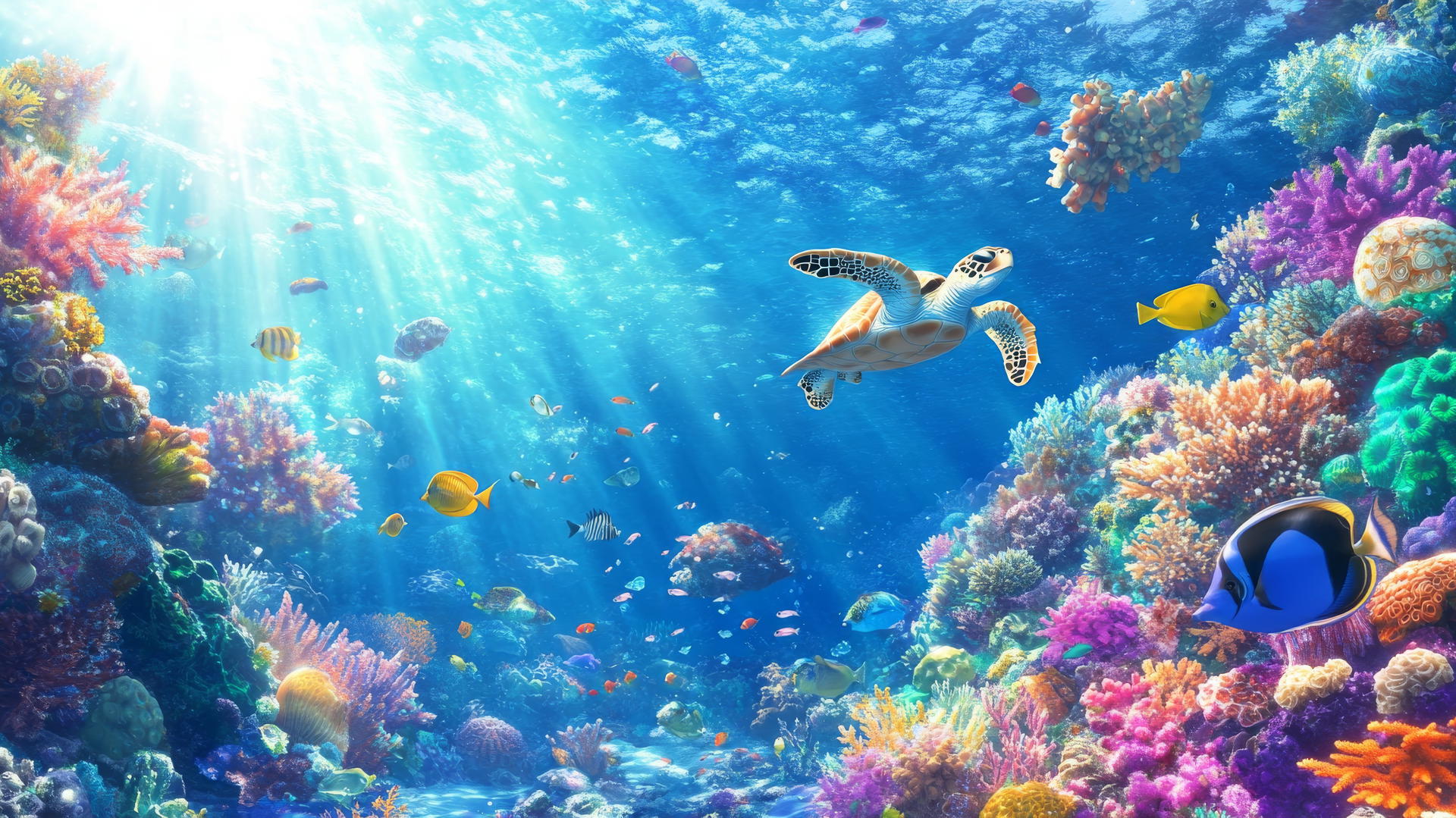 summer wallpaper with vibrant coral reef, colorful fish, sea turtles, and sunlight rays
