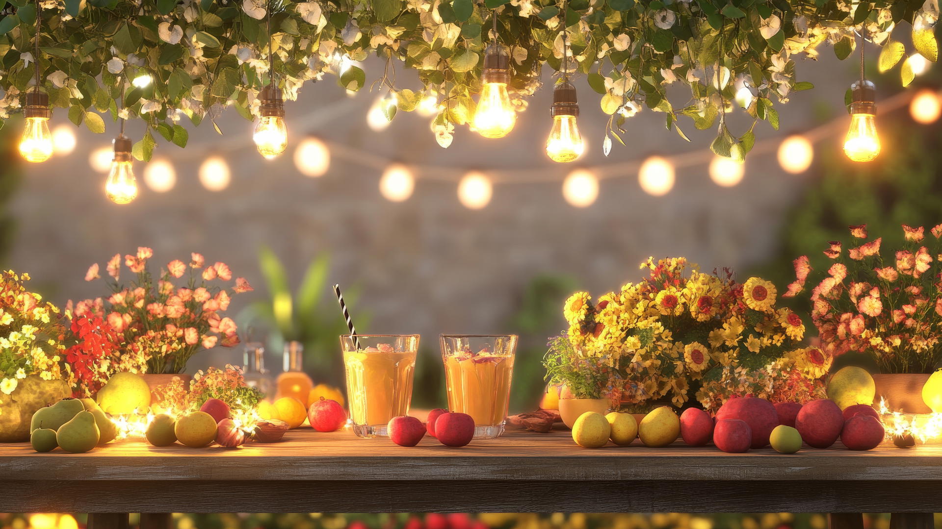 summer aesthetic wallpaper with sun-kissed garden party setup, string lights, flowers, rustic wooden tables, summer fruits and drinks