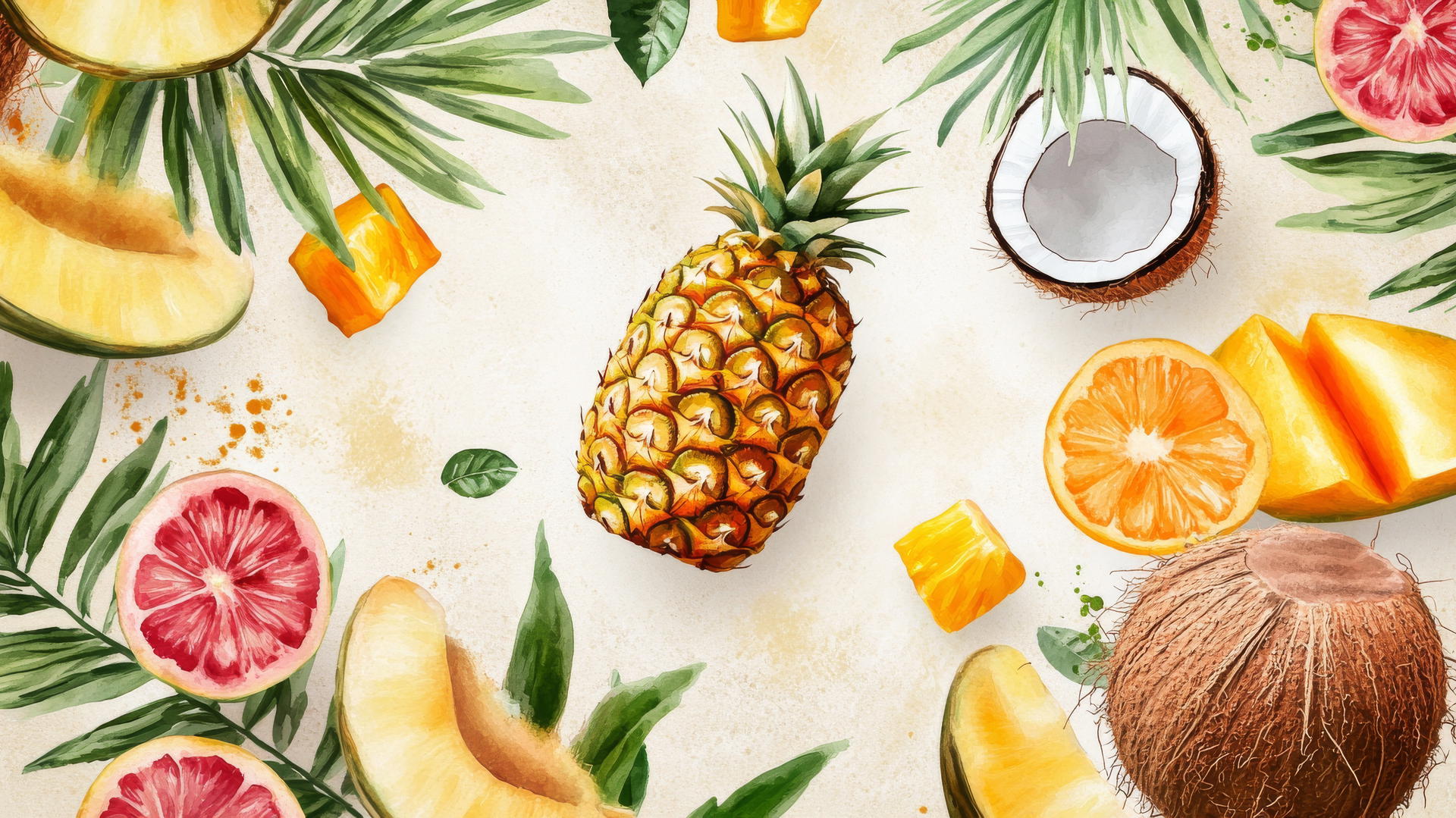 summer aesthetic wallpaper with tropical fruits and vibrant watercolor textures