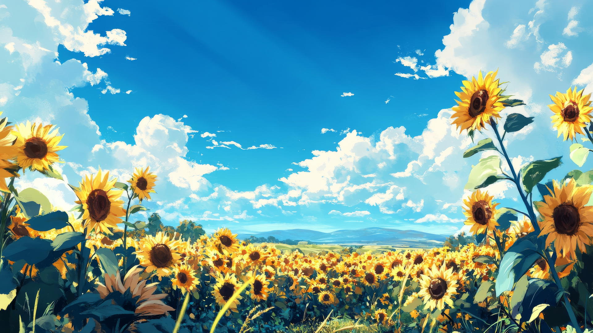 summer aesthetic wallpaper with sunflowers under a bright blue sky