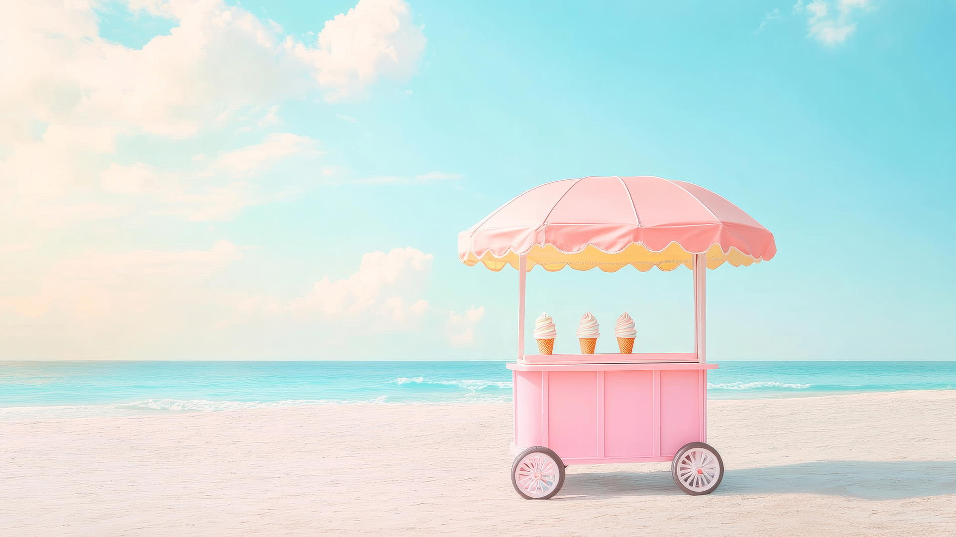 summer aesthetic wallpaper with pastel ice cream cart on sandy beach under a colorful umbrella