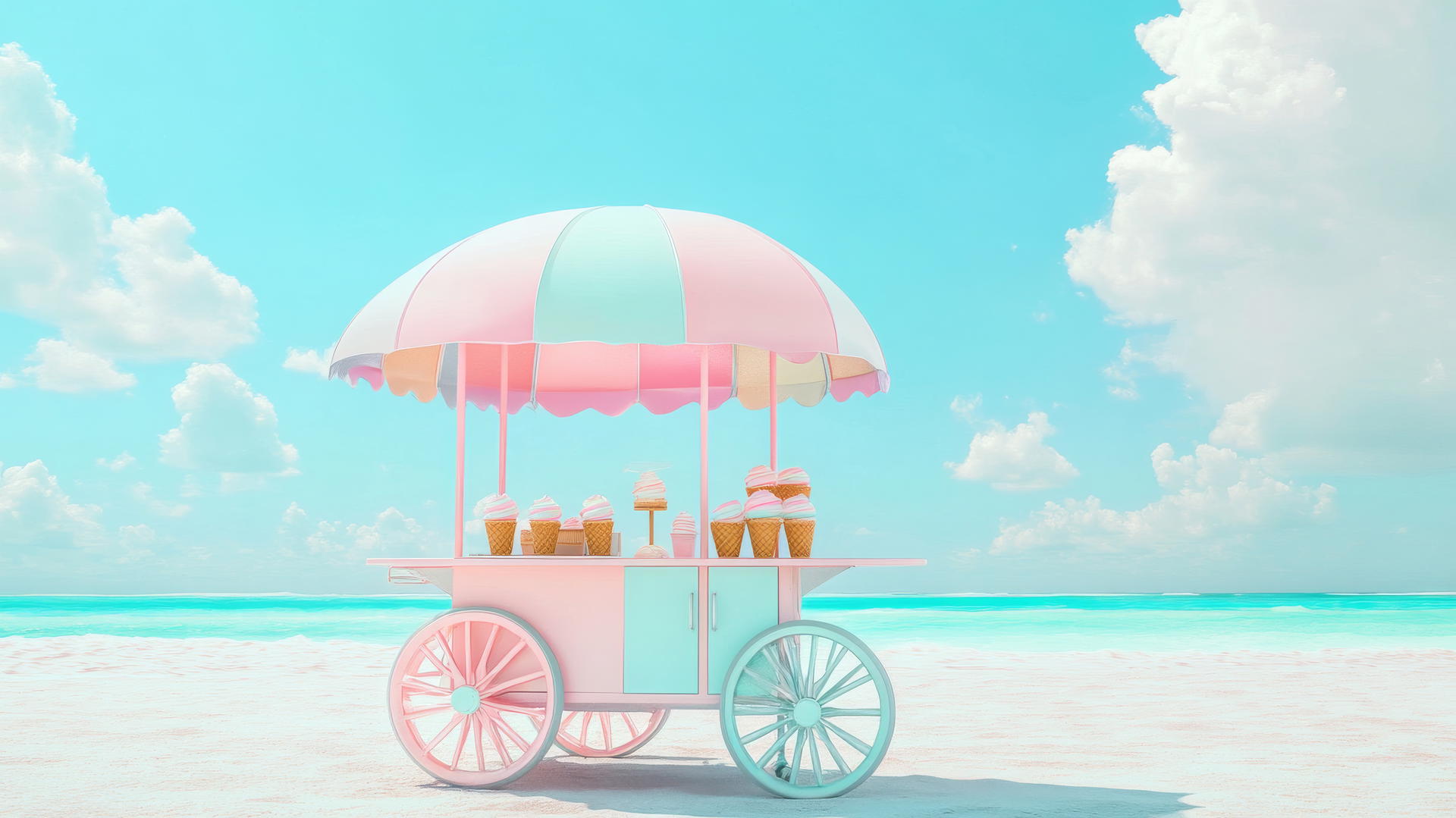 summer aesthetic wallpaper with a pastel-colored ice cream cart on a sandy beach
