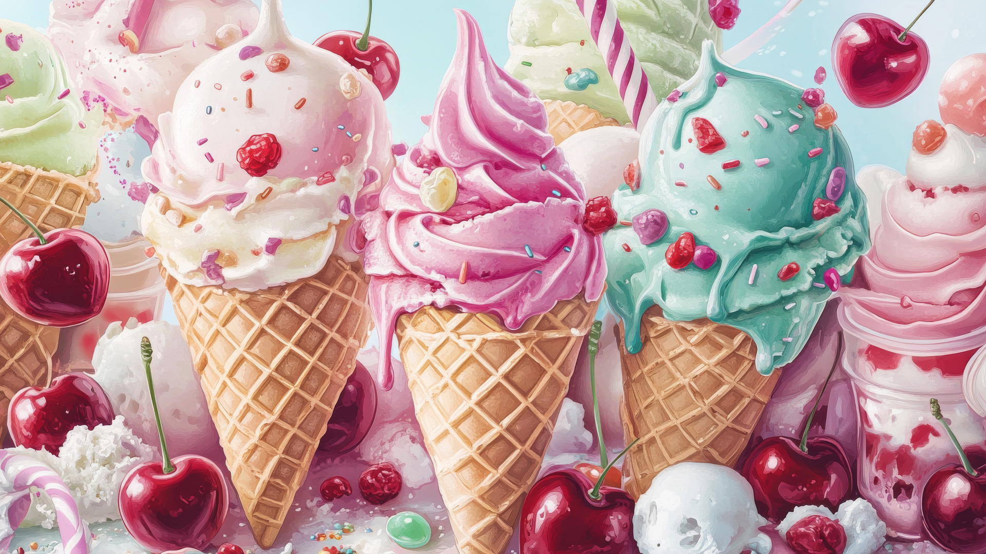 cute summer wallpaper with pastel-colored ice cream cones, sprinkles, and waffle cones