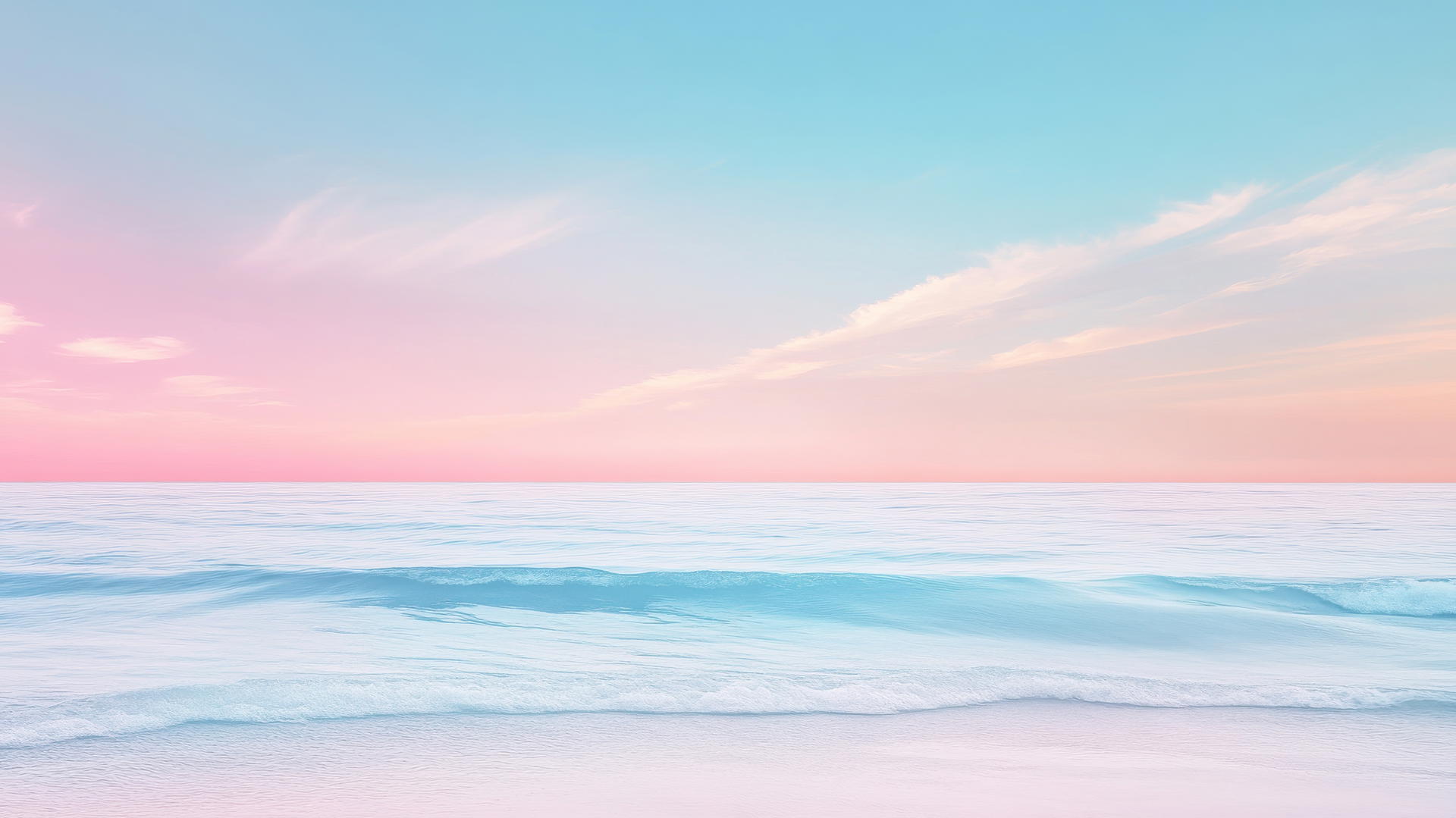 Minimalist seaside horizon with soft waves and pastel gradient sky; summer background wallpaper