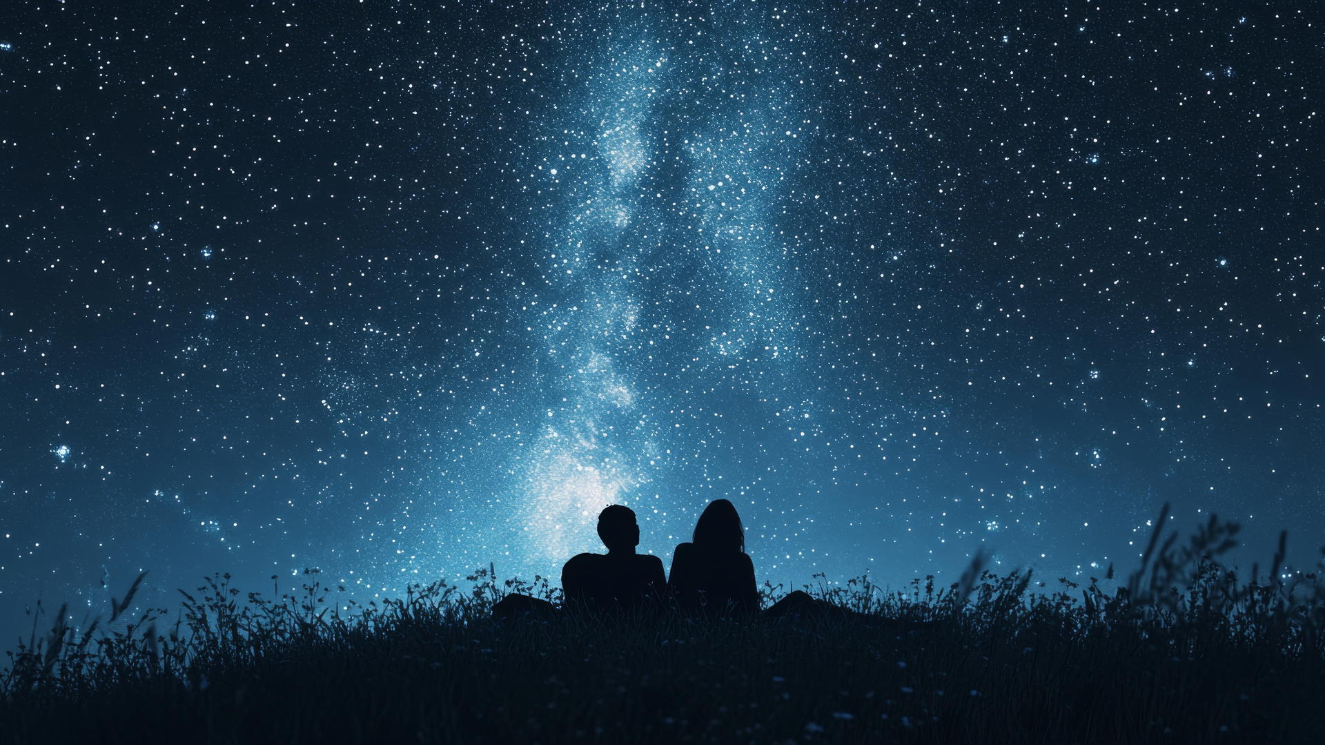 summer background wallpaper with a silhouette of a couple on a grassy hill under a star-filled sky