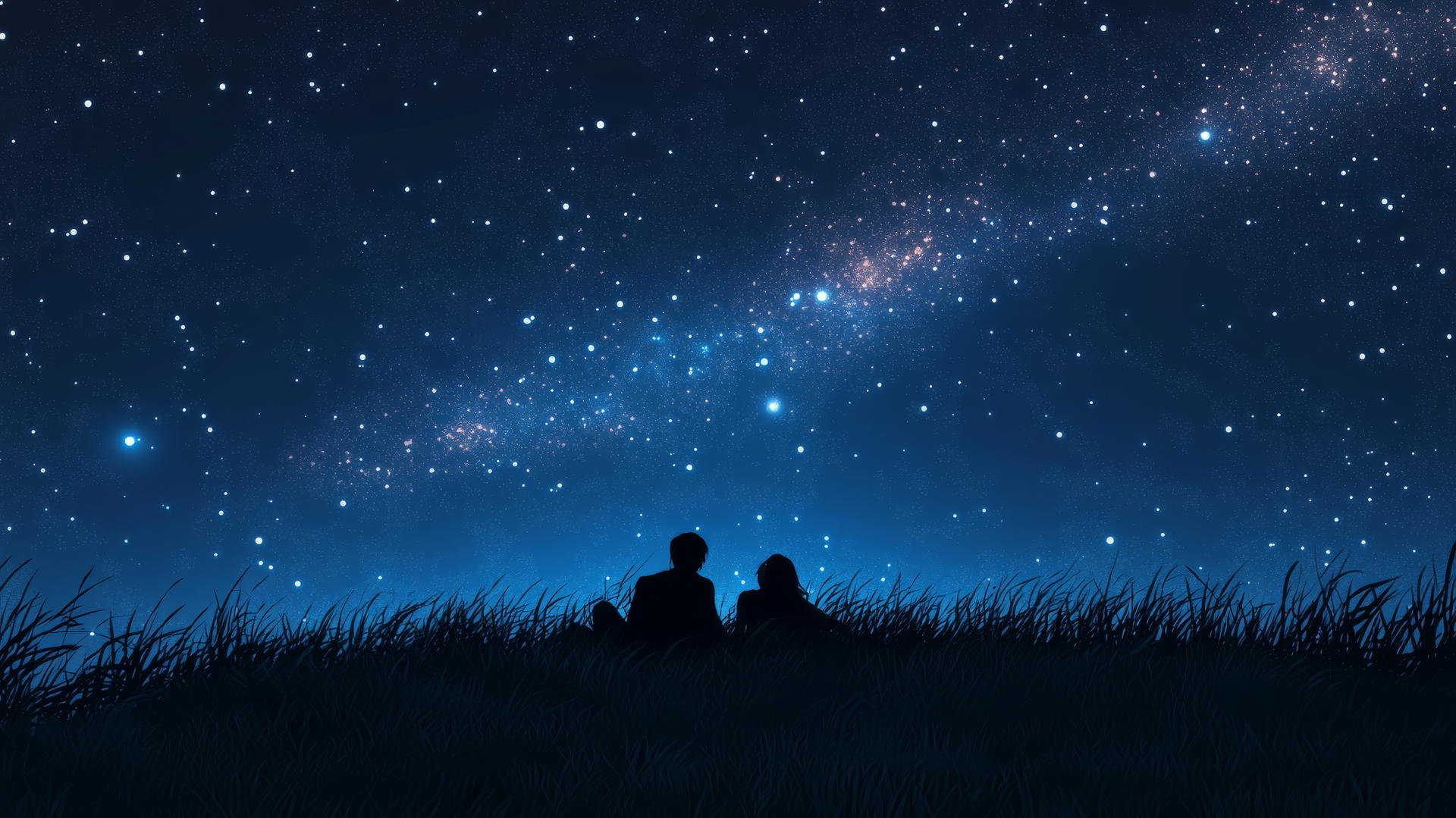 romantic summer background wallpaper showing couple gazing at starry night sky