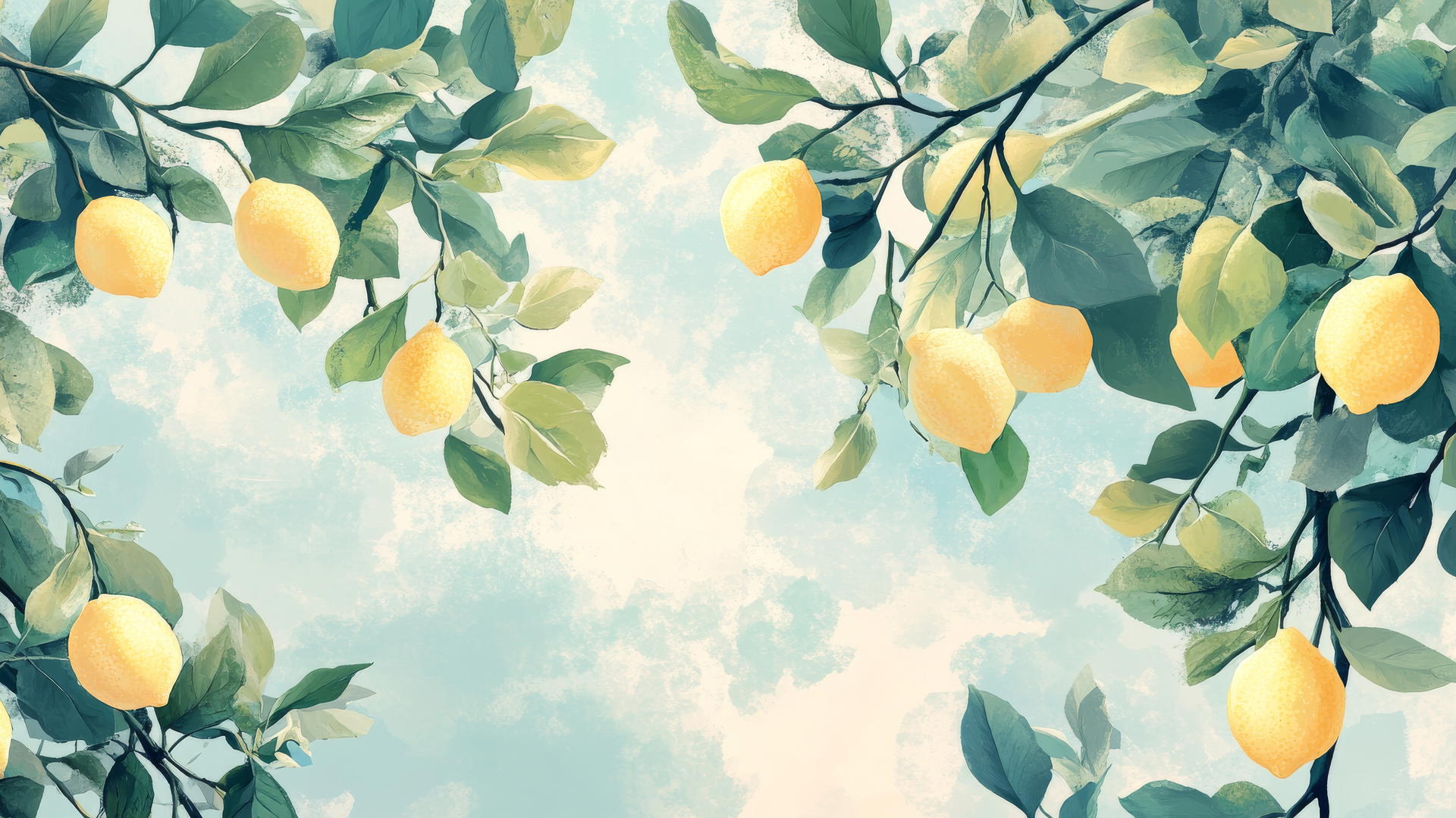summer wallpaper aesthetic of a lemon grove with bright yellow lemons and green leaves against a pastel blue sky