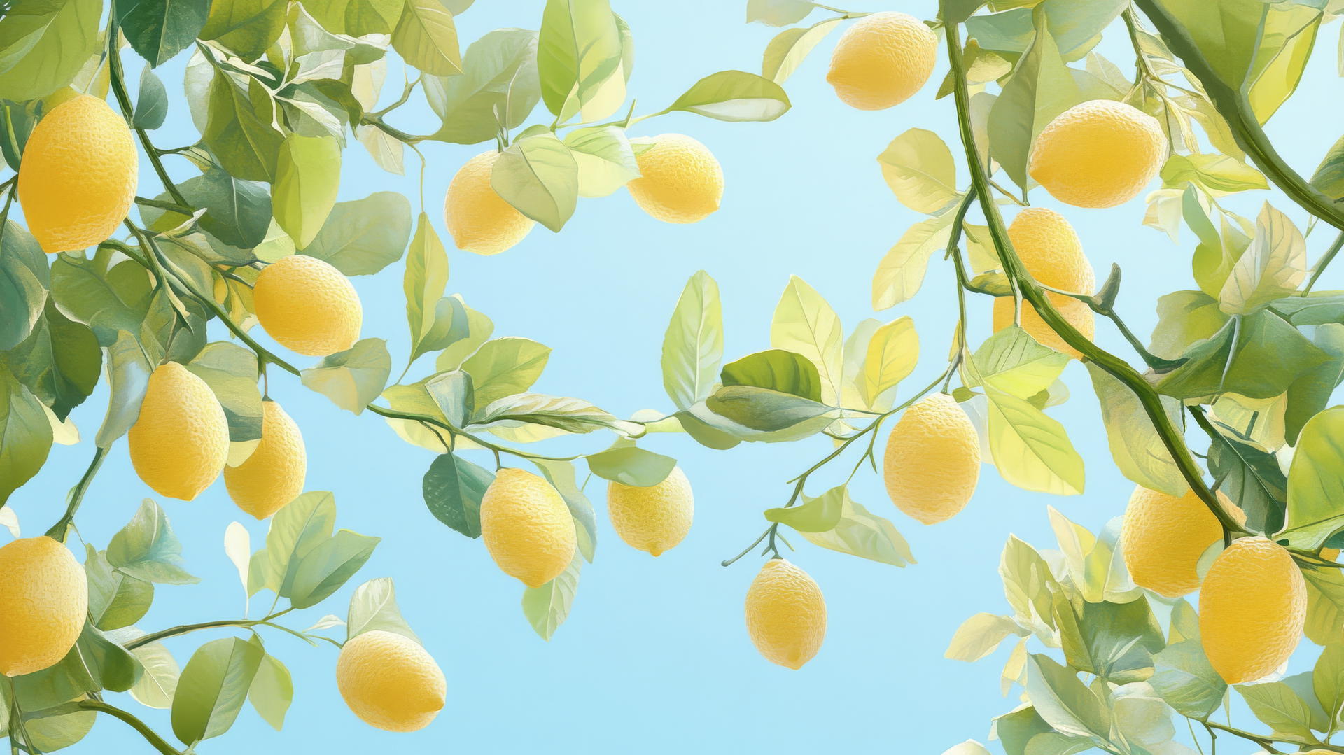 artistic lemon grove with yellow lemons and green leaves, summer wallpaper aesthetic