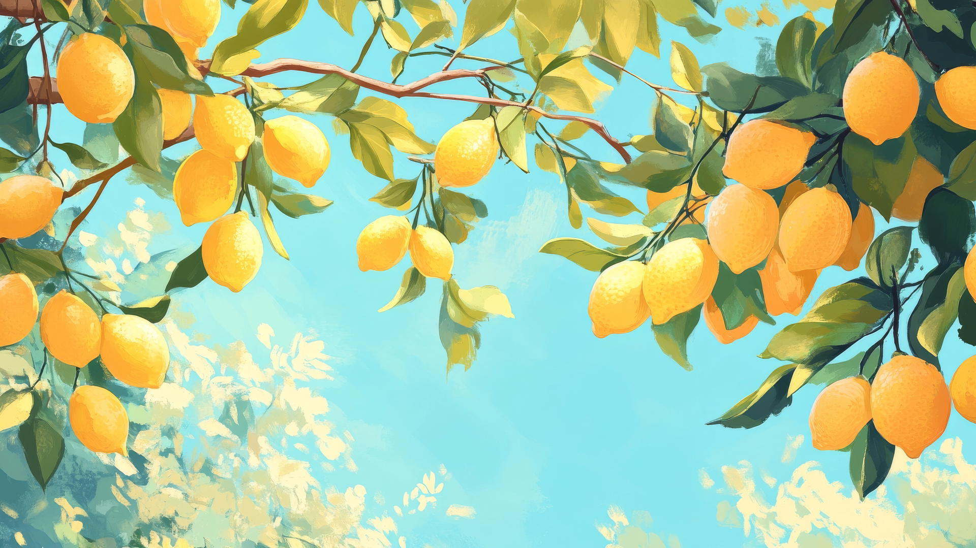 summer wallpaper aesthetic with lemon grove, yellow lemons, green leaves, blue sky