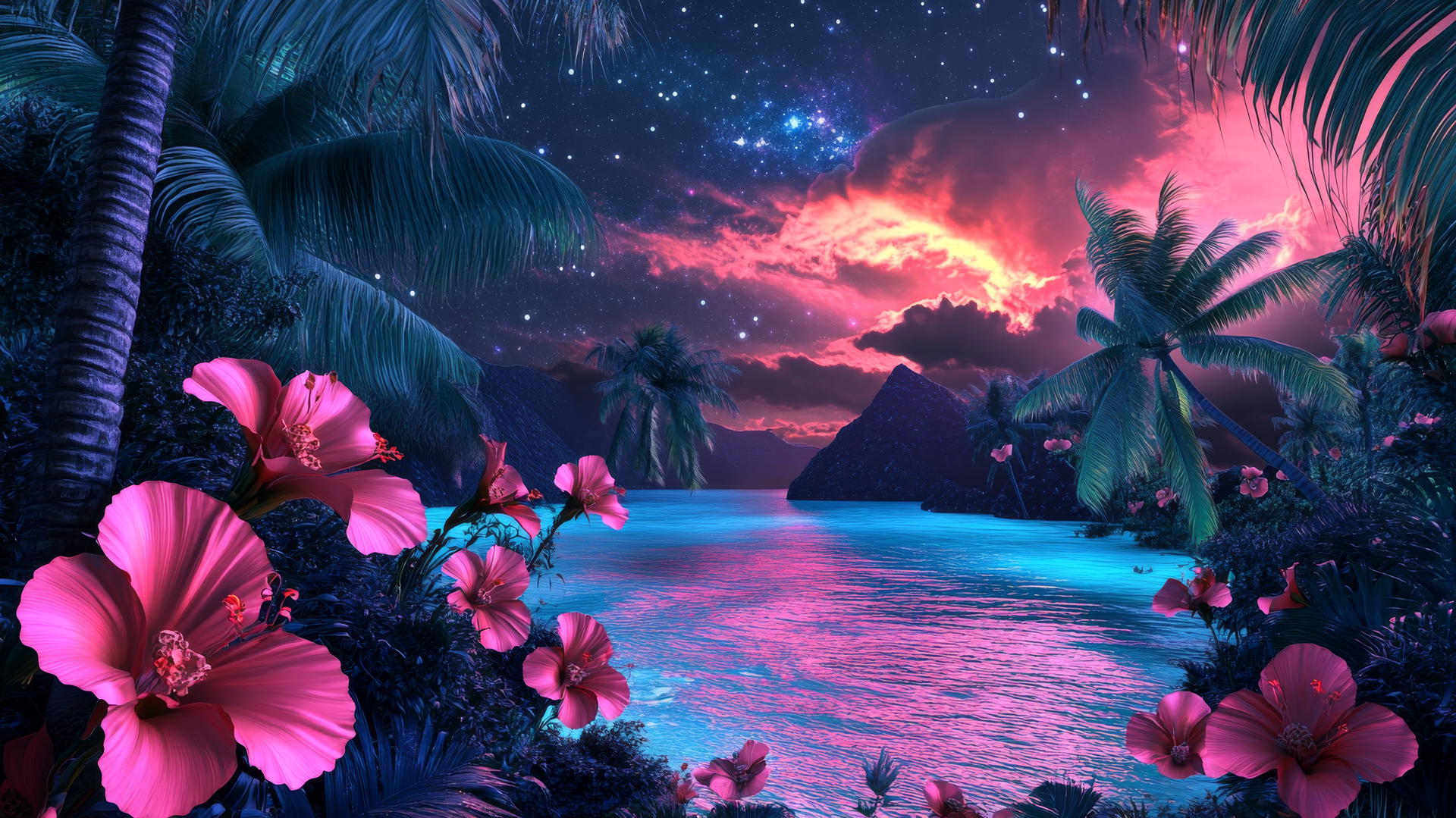 Surreal tropical dreamscape with oversized exotic flowers, floating palm trees, neon pink ocean, and swirling starry sky - summer wallpaper aesthetic