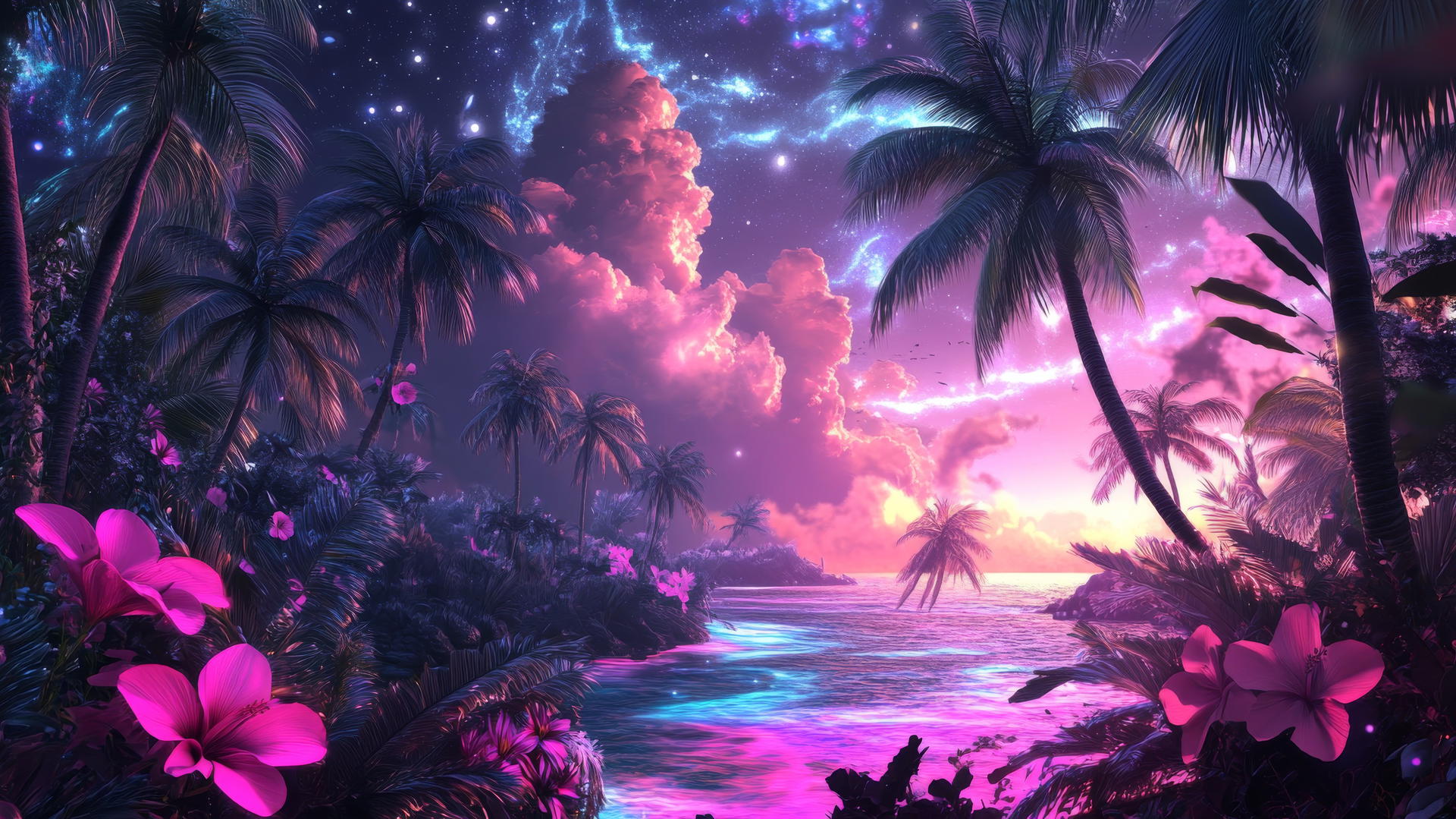 summer wallpaper aesthetic with surreal tropical dreamscape, oversized flowers, floating palm trees, neon pink ocean
