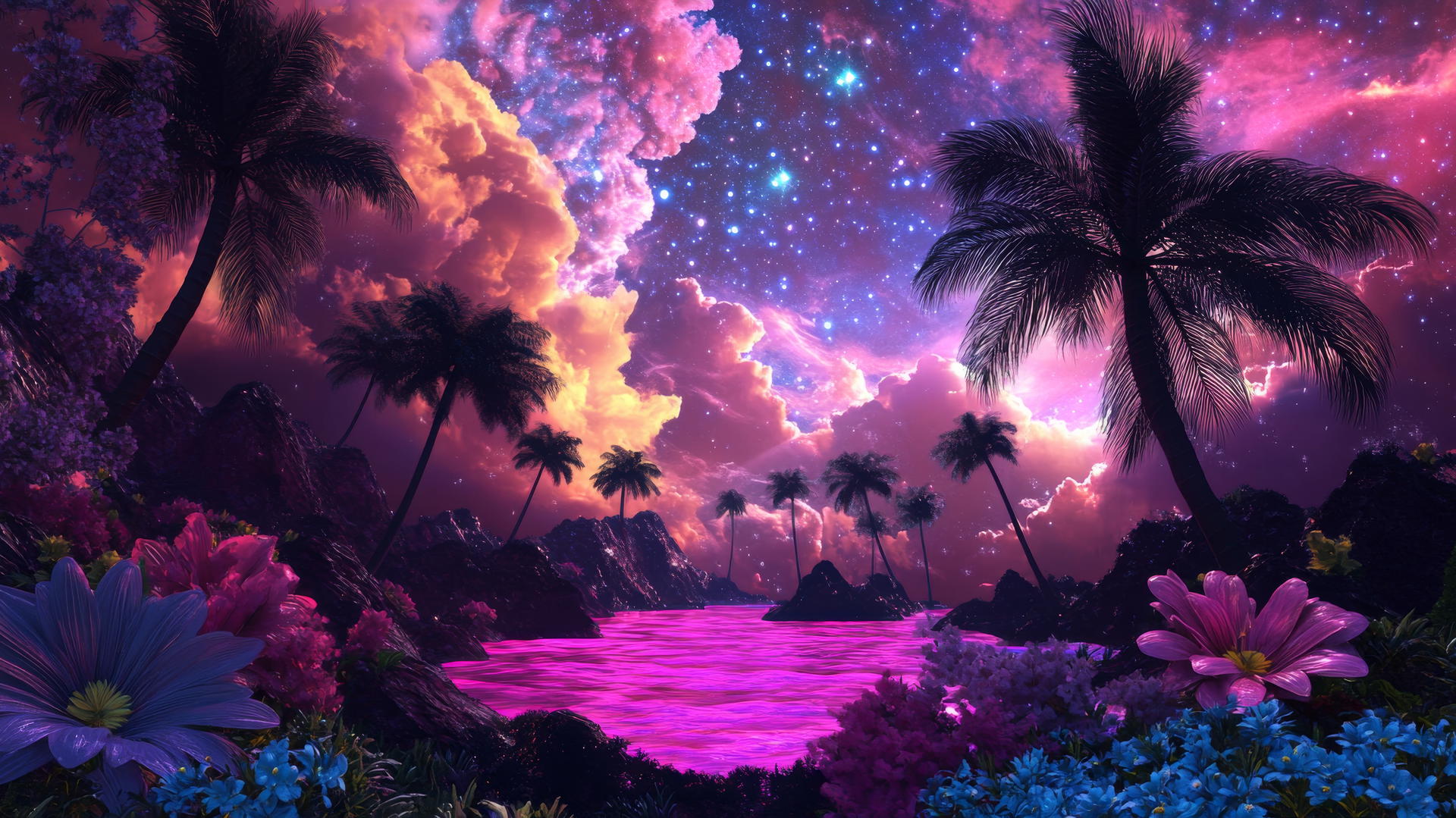 Surreal tropical dreamscape with exotic flowers, palm trees, neon pink ocean under starry sky