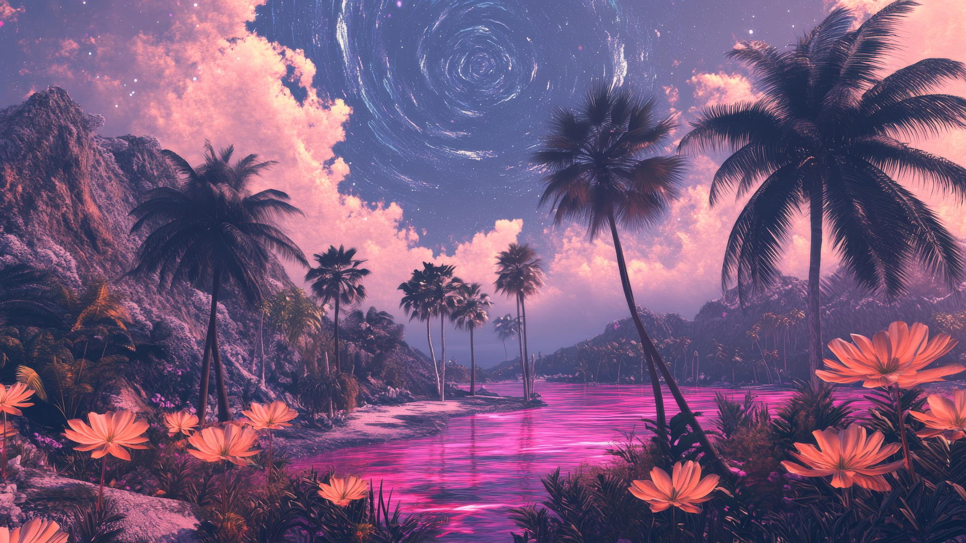 summer wallpaper aesthetic with exotic flowers and neon pink ocean