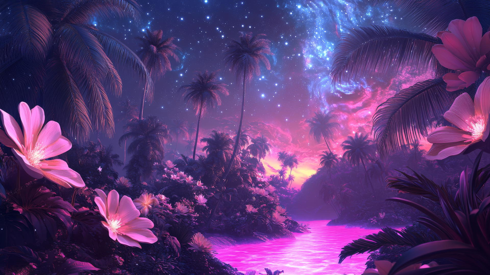 Surreal tropical dreamscape with exotic flowers and neon pink ocean, summer wallpaper aesthetic